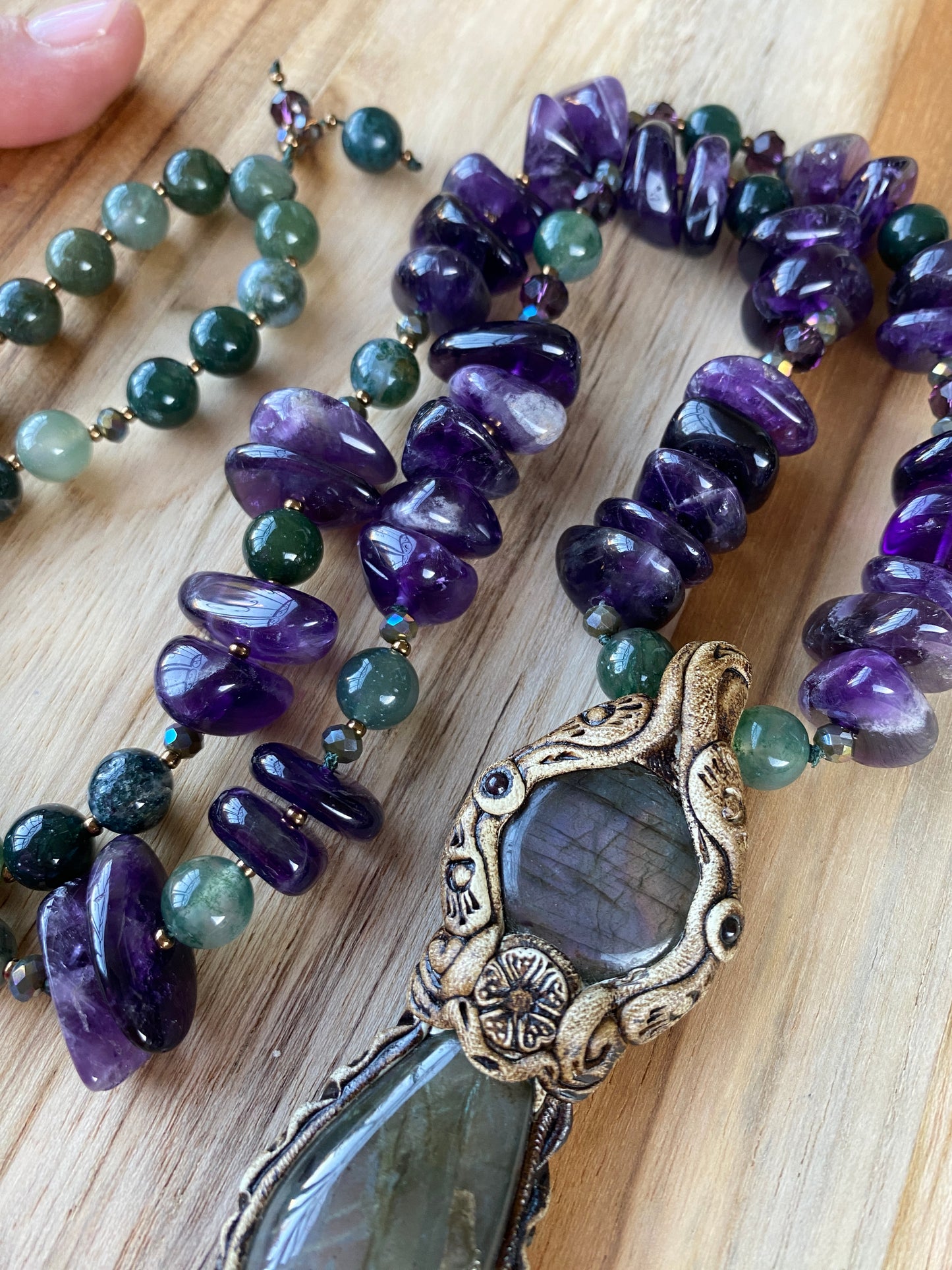 Polymer Clay Labradorite Pendant Necklace with Amethyst and Moss Agate Beads