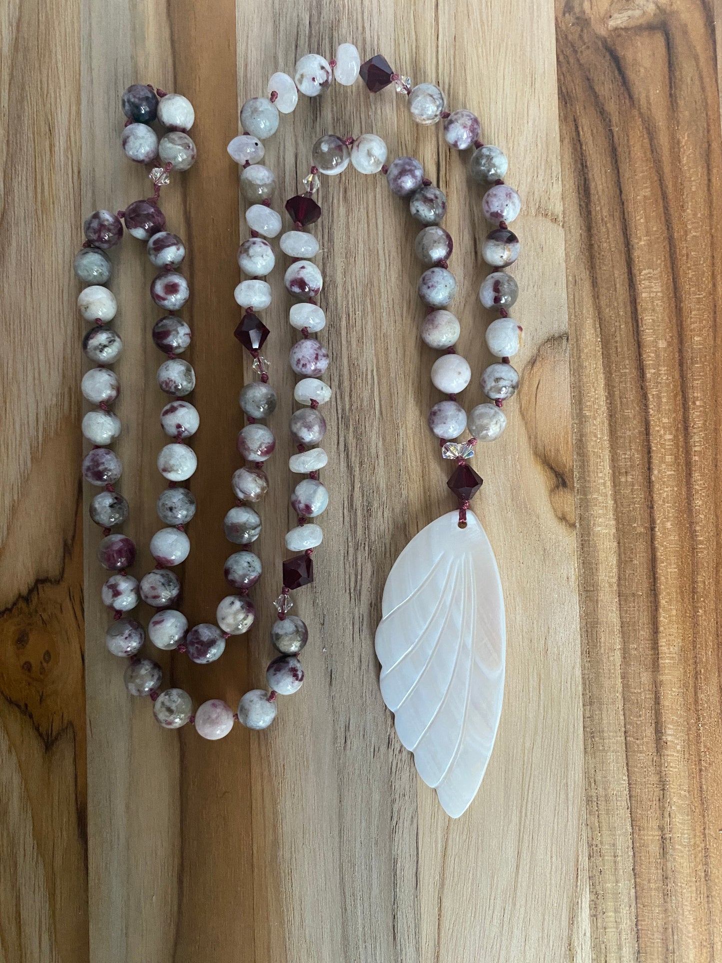 30" Long Mother of Pearl Wing Pendant Necklace with Tourmaline, Moonstone & Crystal Beads