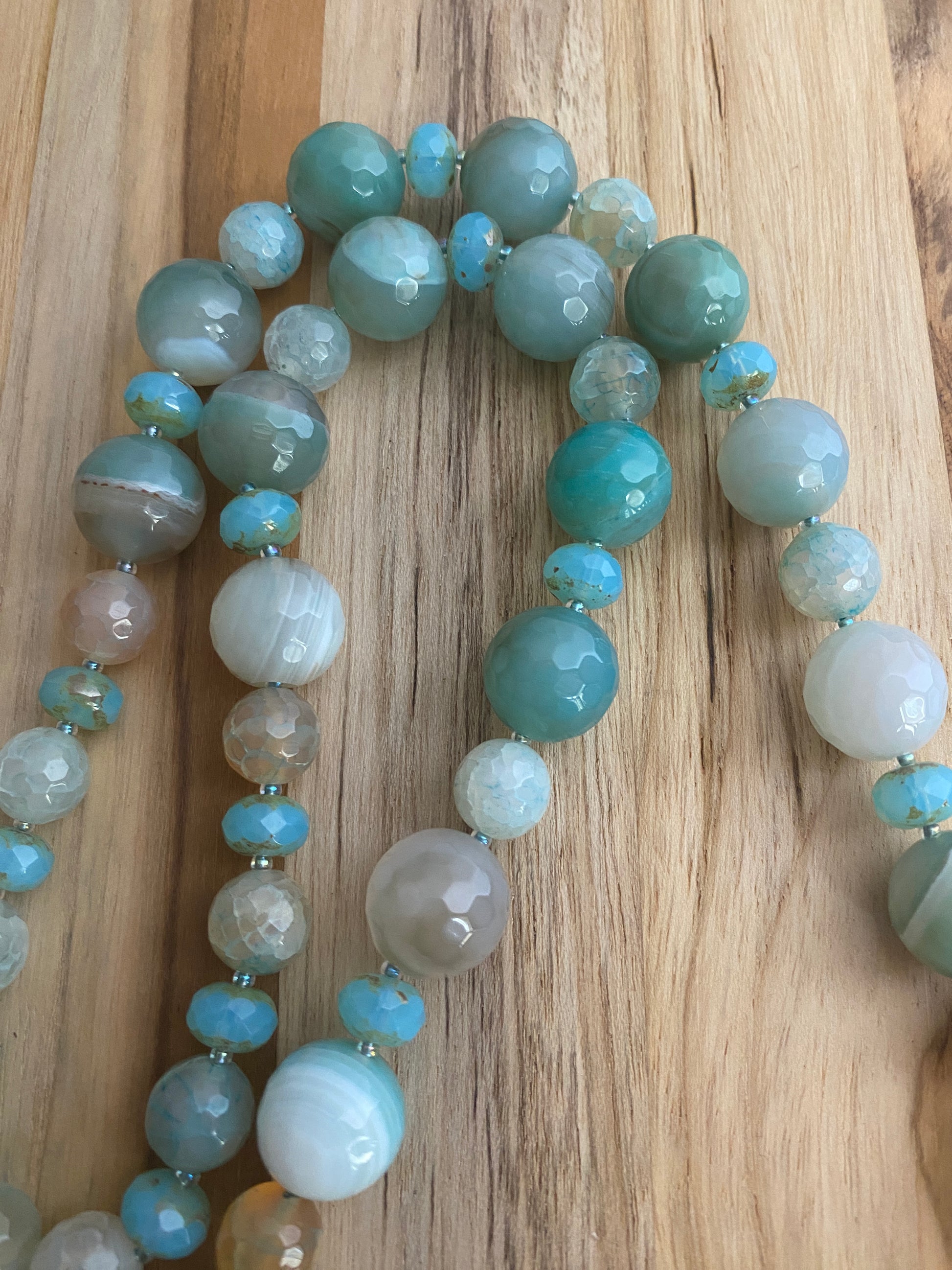 29" Long Aqua Blue Agate Beaded Necklace with Glass Beads - My Urban Gems