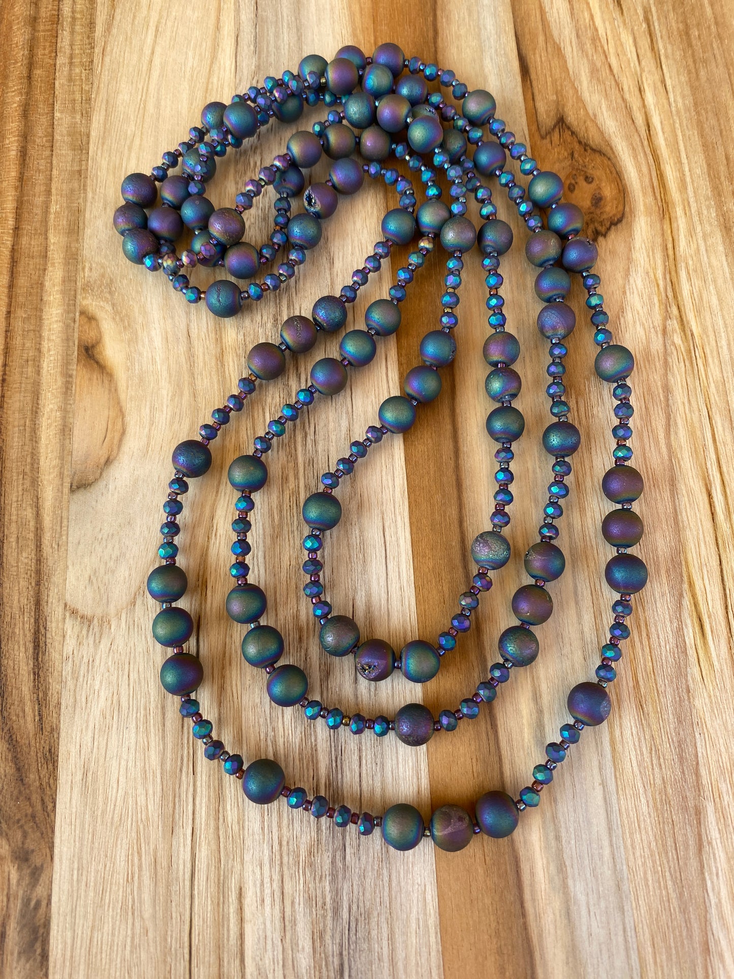 60" Extra Long Wraparound Style Purple Rainbow Druzy Agate Beaded Necklace - My Urban Gems