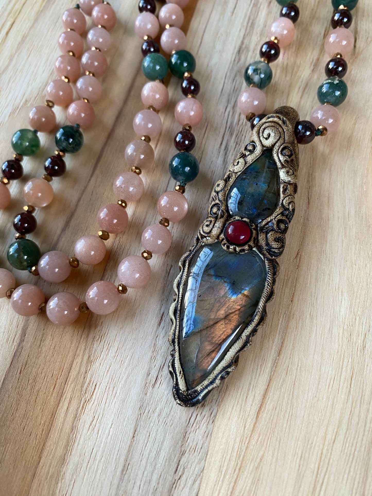 Polymer Clay labradorite Pendant Necklace with Sunstone and Green Moss Agate Beads