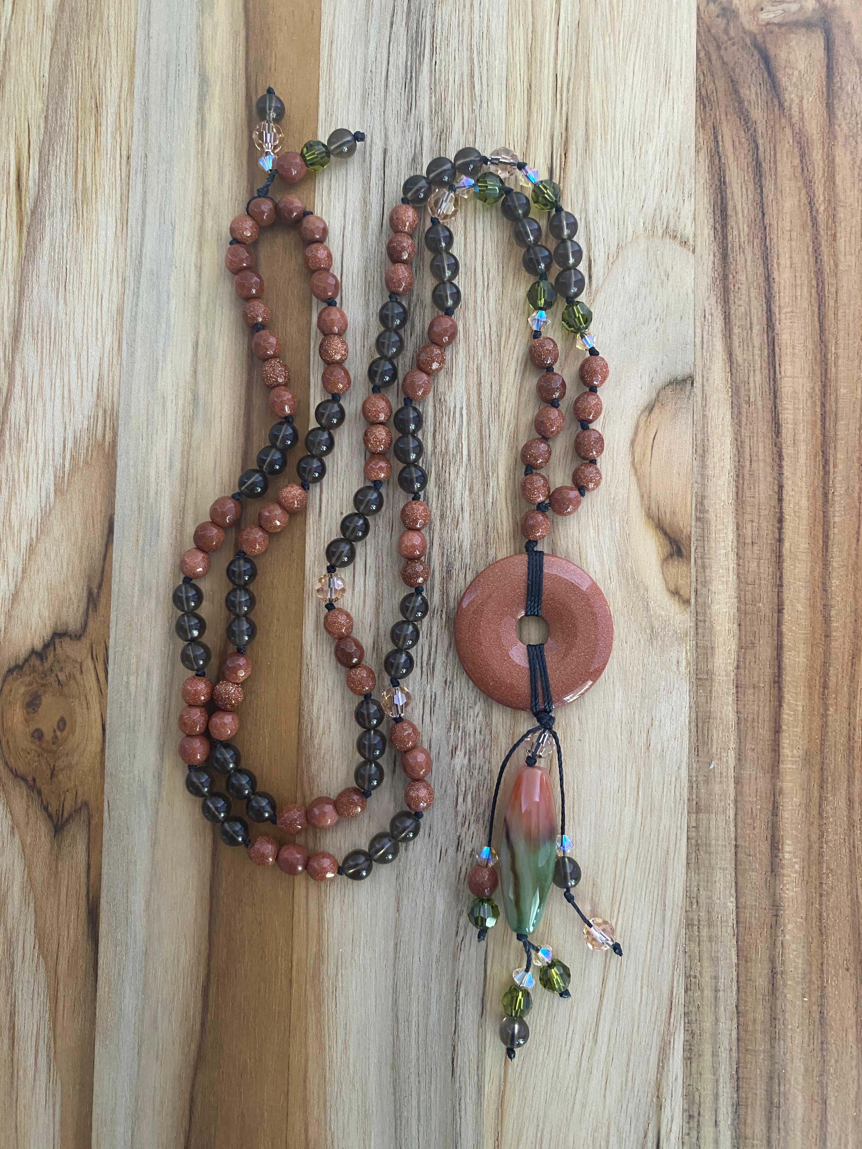 30" Goldstone, Smoky Quartz & Swarovski Crystal Donut Necklace - My Urban Gems