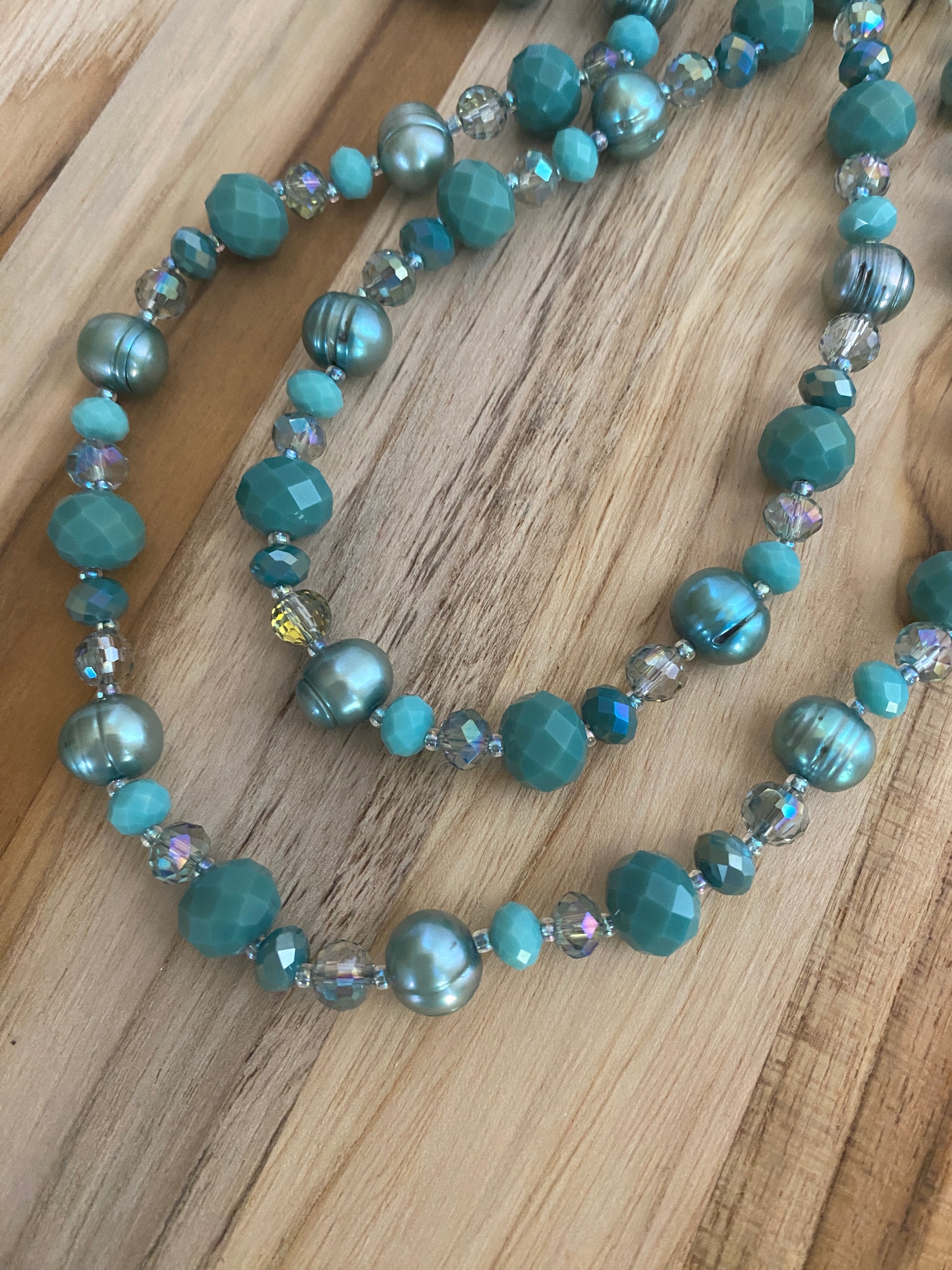 35" Long Teal Freshwater Pearl & Crystal Beaded Necklace - My Urban Gems