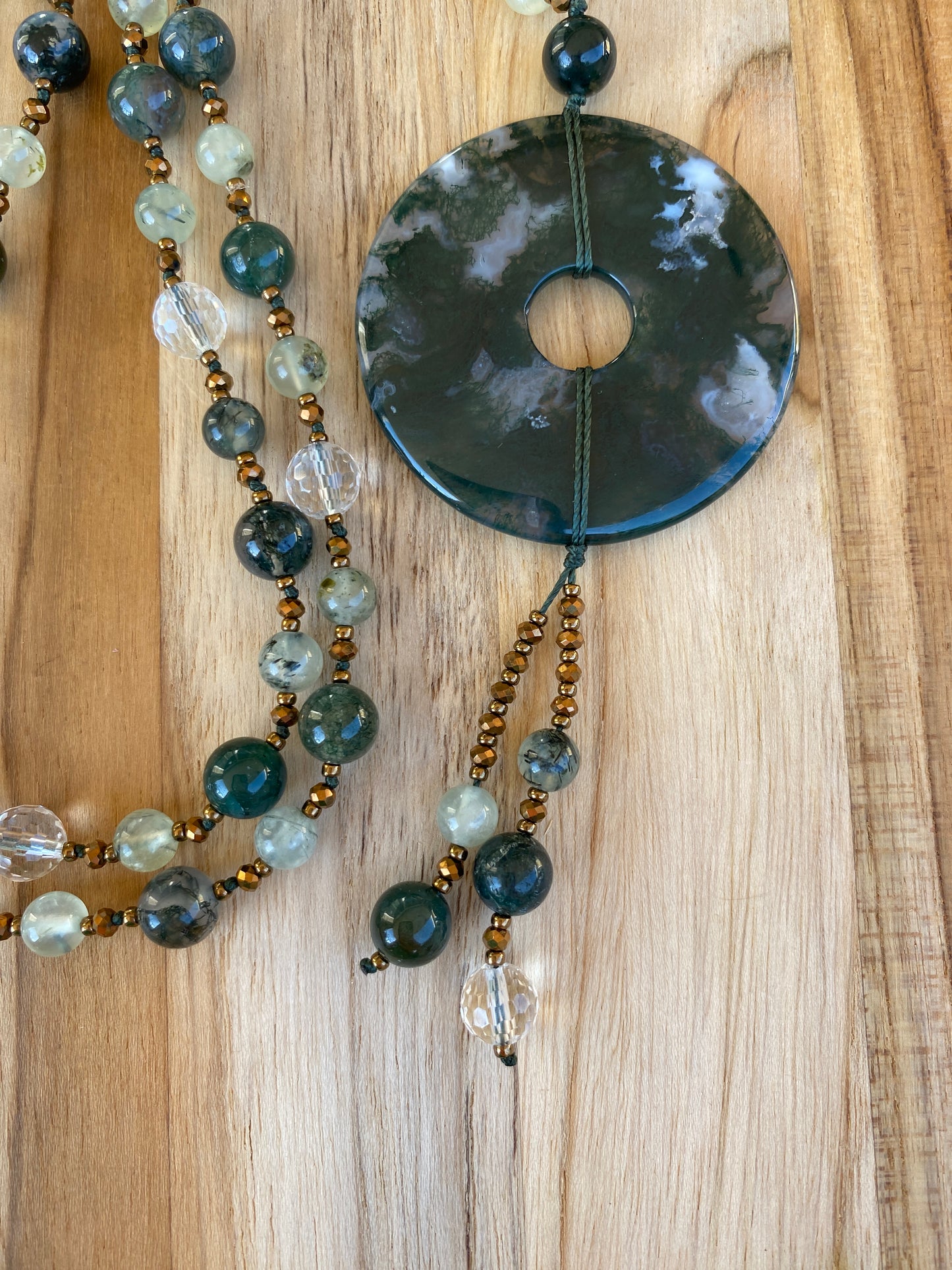 Green Moss Agate Donut Pendant Necklace with Moss Agate Prehnite and Clear Quartz Beads