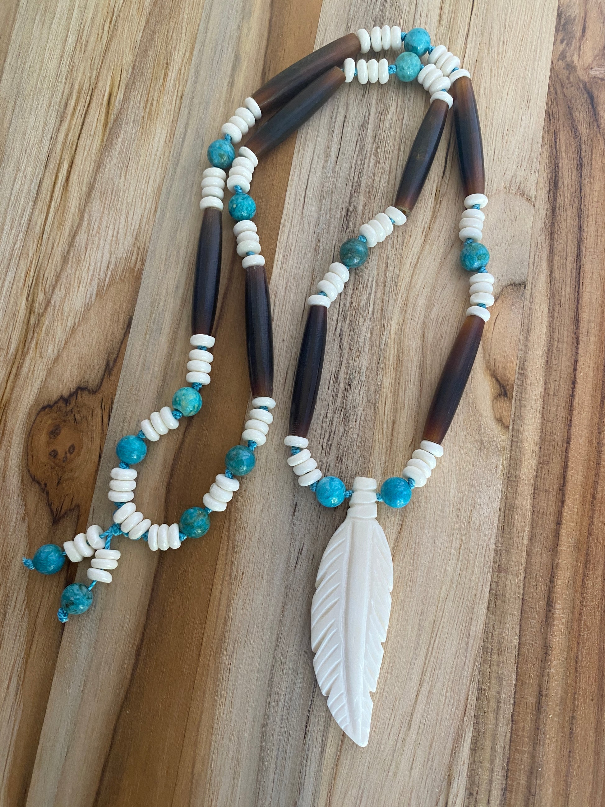 28" Long White Bone Feather Necklace with Brown Hairpipes & Turquoise Beads - My Urban Gems