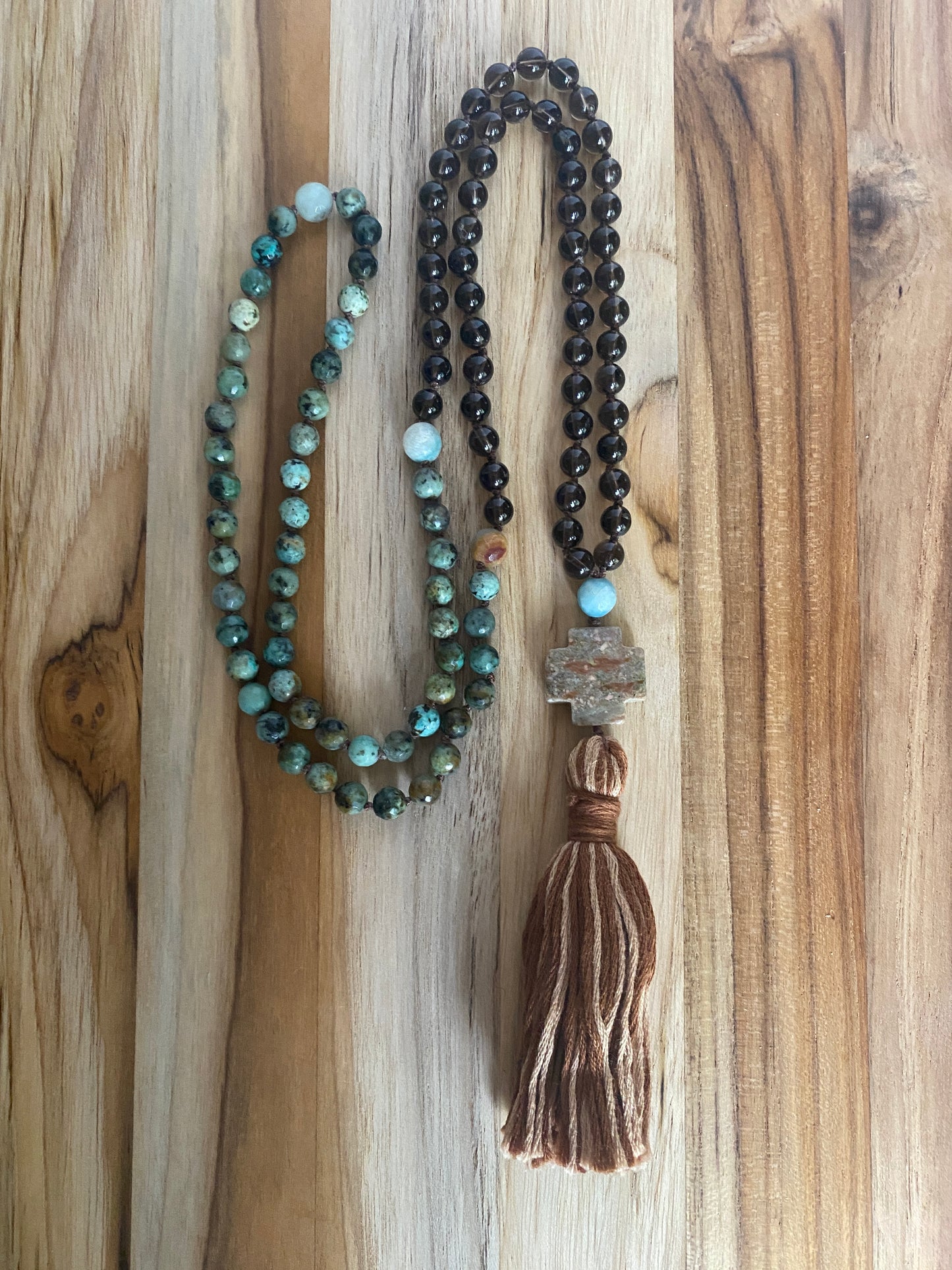 34" Long Smoky Quartz, African Turquoise & Amazonite 108 Bead Mala Prayer Tassel Necklace - My Urban Gems