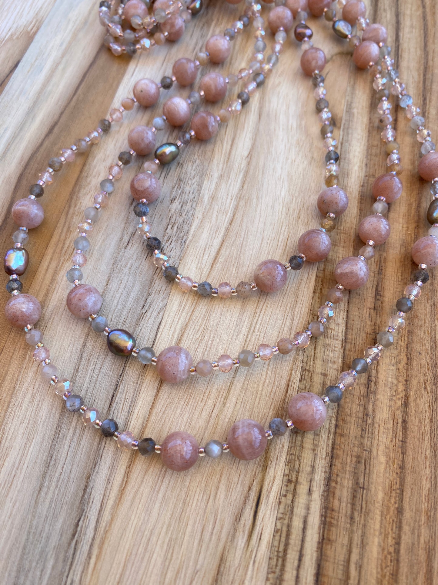 Extra Long Beaded Sunstone and Multi Colored Moonstone Necklace with Crystal Beads