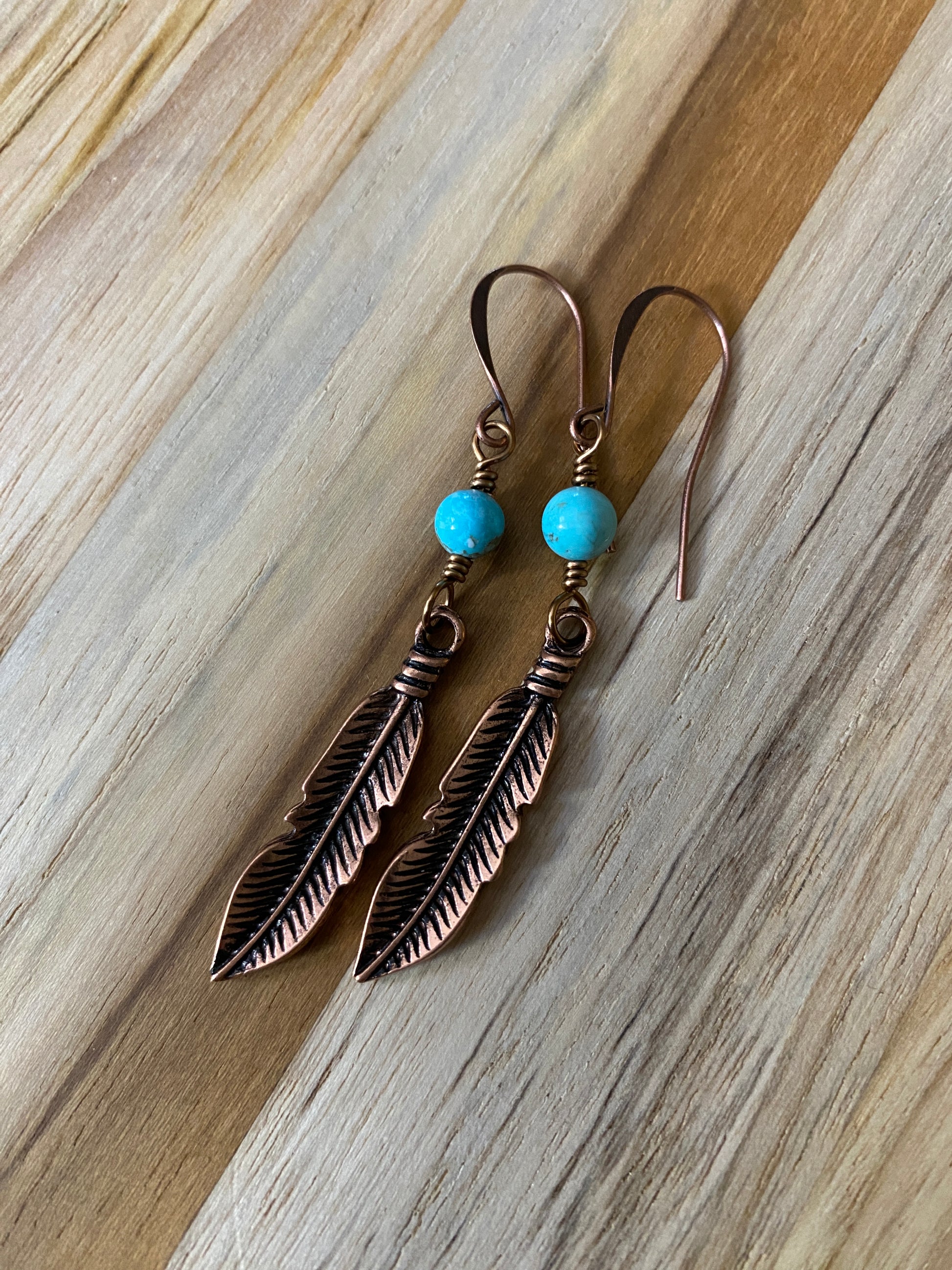 Long Copper Feather Dangle Earrings with Turquoise Bead - My Urban Gems