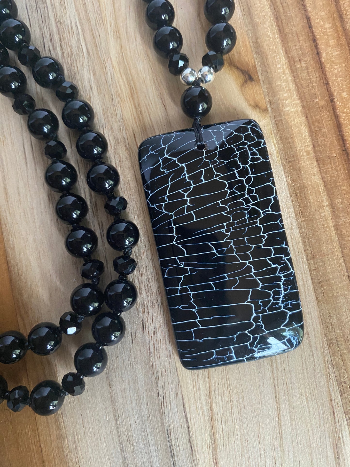 30" Long Hand knotted Black Agate Pendant Necklace with Onyx Beads