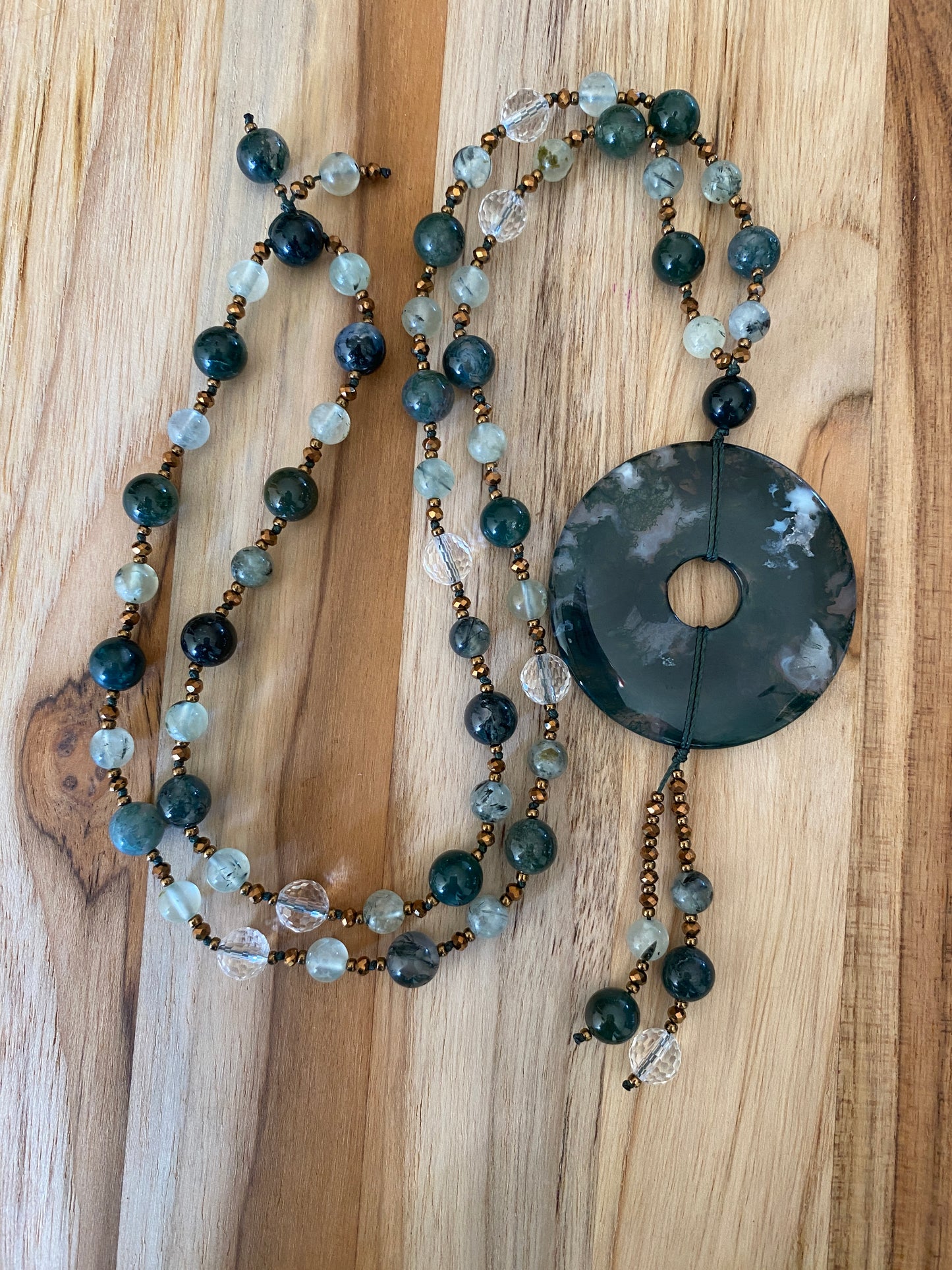 Green Moss Agate Donut Pendant Necklace with Moss Agate Prehnite and Clear Quartz Beads