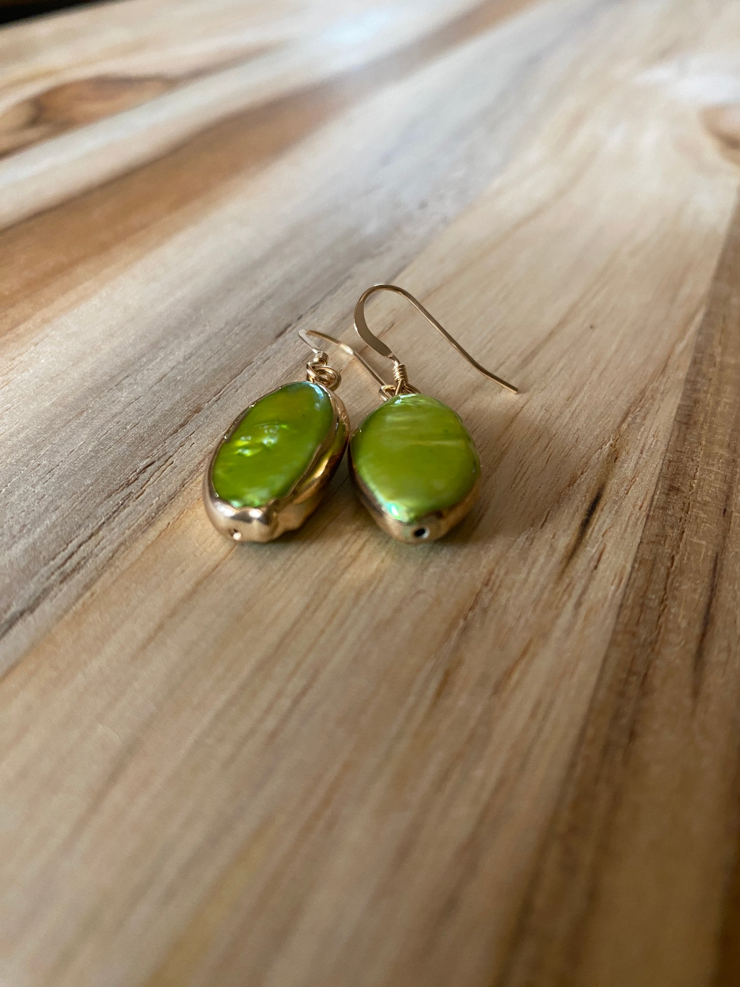 Golden Chartreuse Green Pearl Dangle Earrings with Gold Filled Ear Wires
