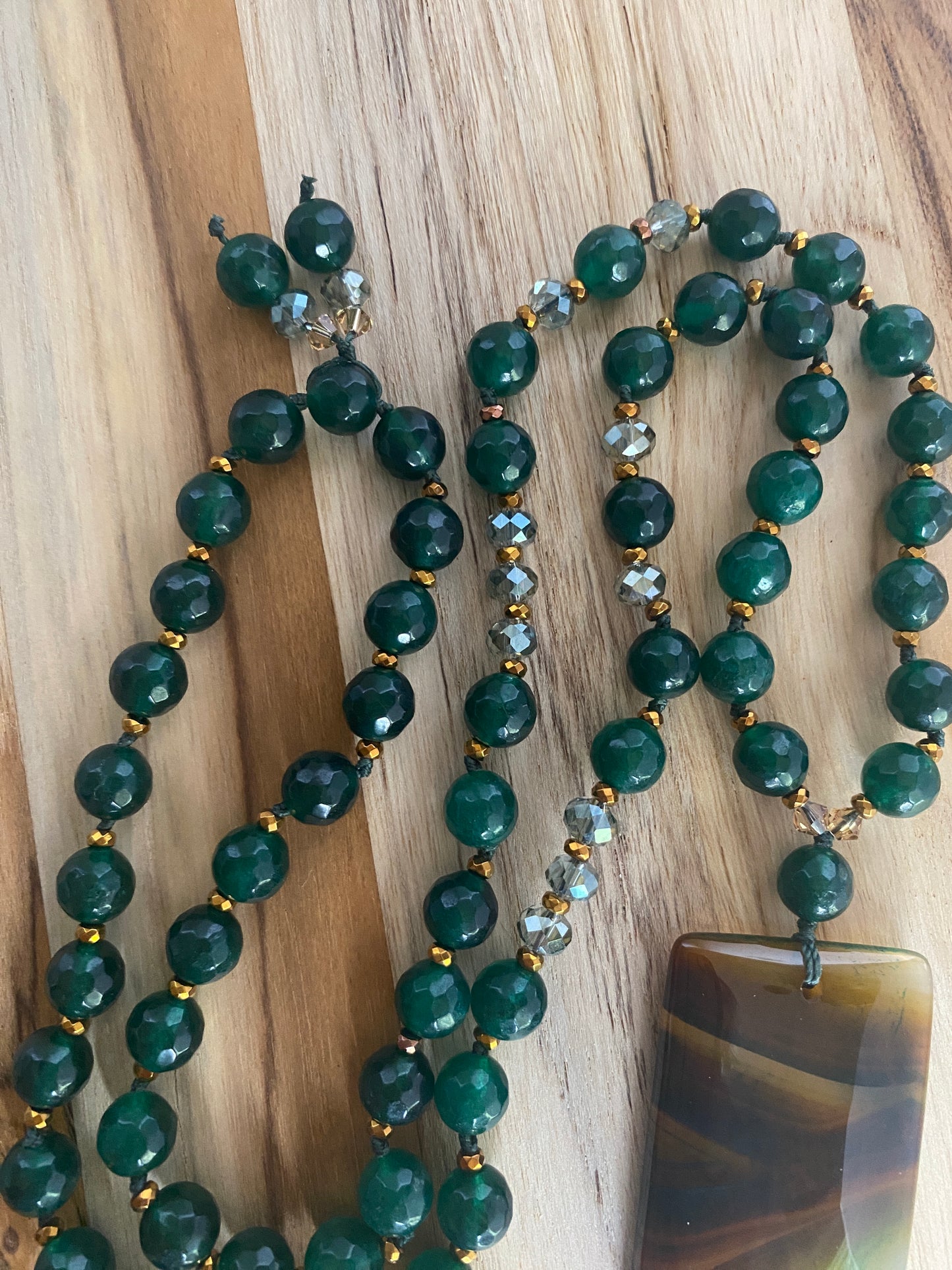 28" Long Brown & Green Agate Pendant Beaded Necklace with Green Agate & Crystal Beads - My Urban Gems