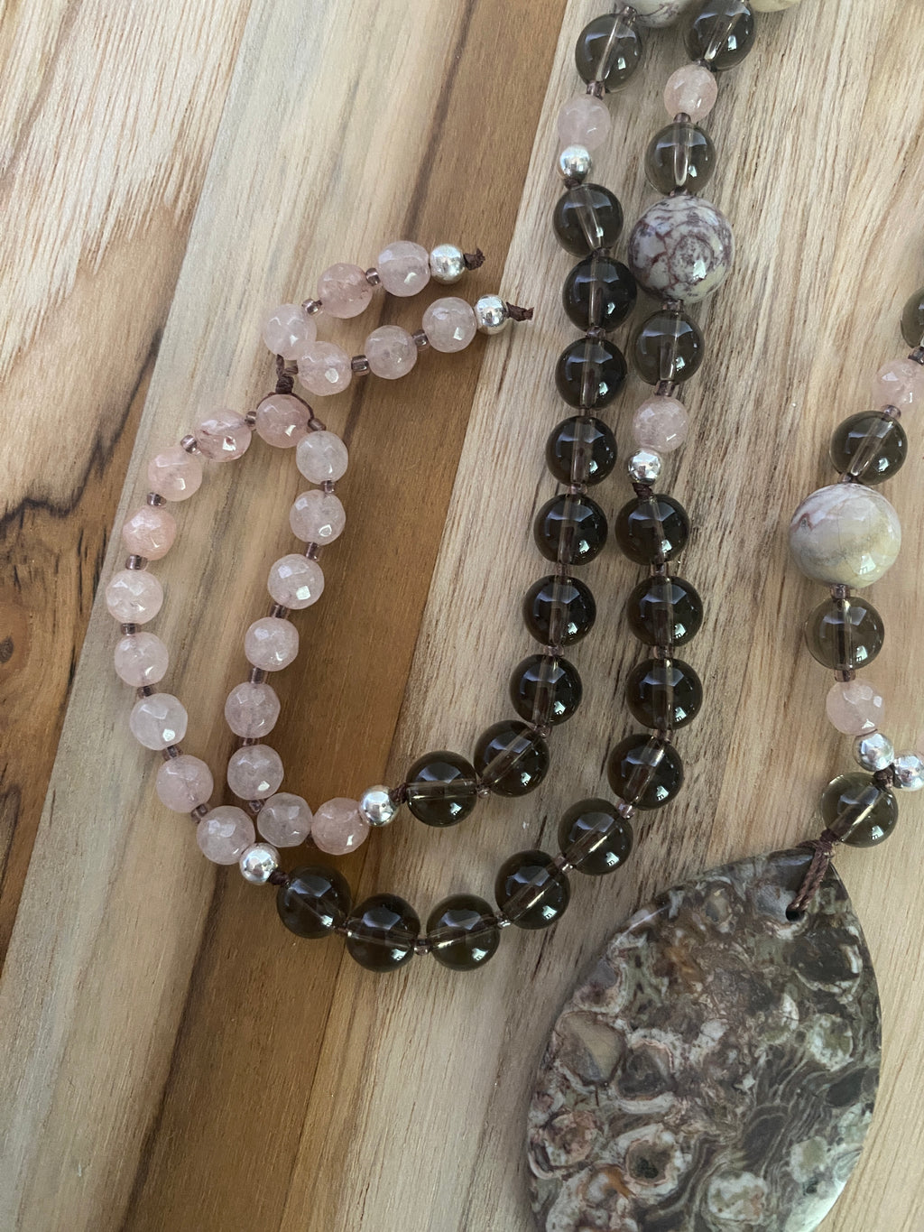 28" Long Ayaka Agate Pendant Necklace with Picasso Jasper, Smoky Quartz & Agate Beads - My Urban Gems