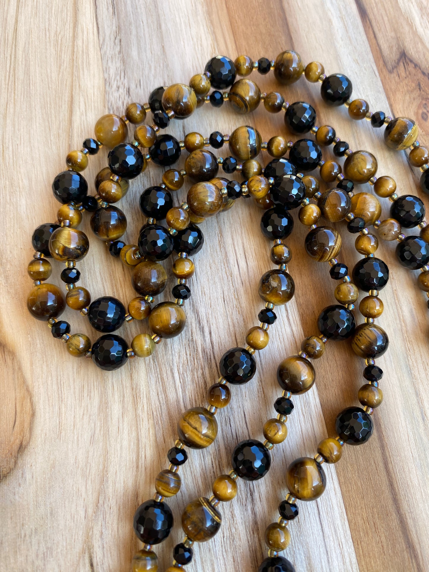 60" Extra Long Wraparound Black Onyx and Tigereye Beaded Necklace with Crystal Beads - My Urban Gems