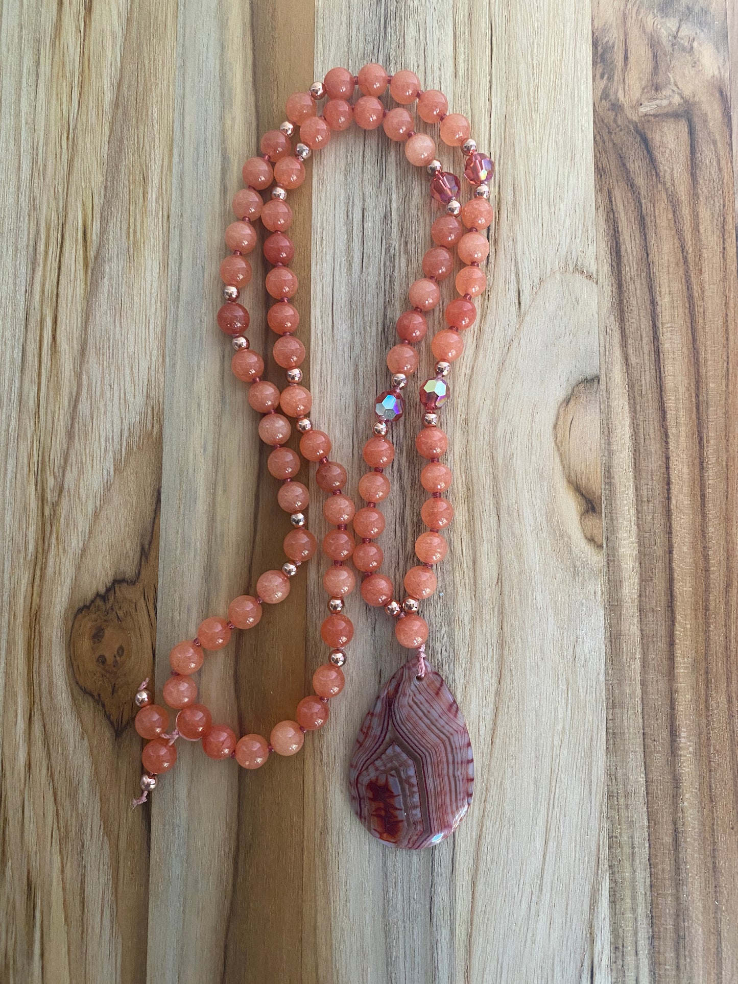 28" Long Stripes Agate Pendant Necklace with Orange Jade & Crystal Beads