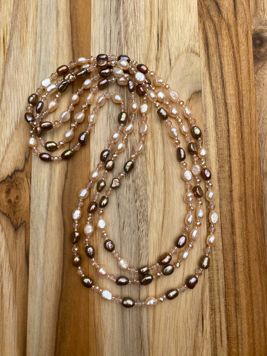 Long Dainty Brown and Cream Freshwater Pearl Beaded Necklace with Crystal Beads