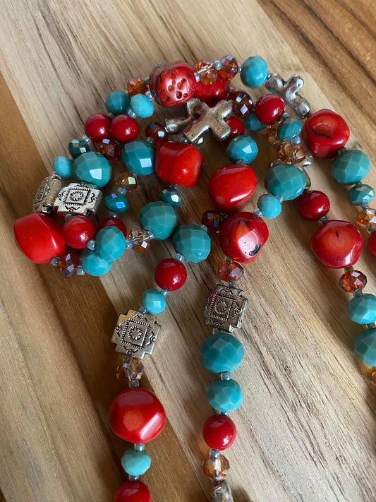 35" Southwestern Coral, Turquoise & Silver Necklace - My Urban Gems