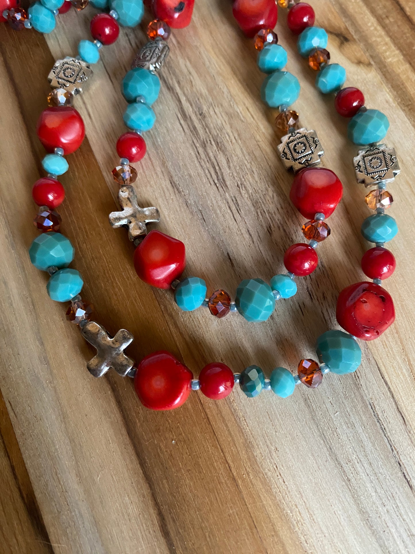 35" Southwestern Coral, Turquoise & Silver Necklace
