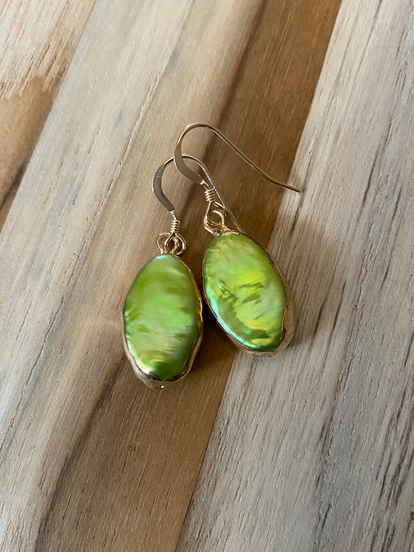 Golden Chartreuse Green Pearl Dangle Earrings with Gold