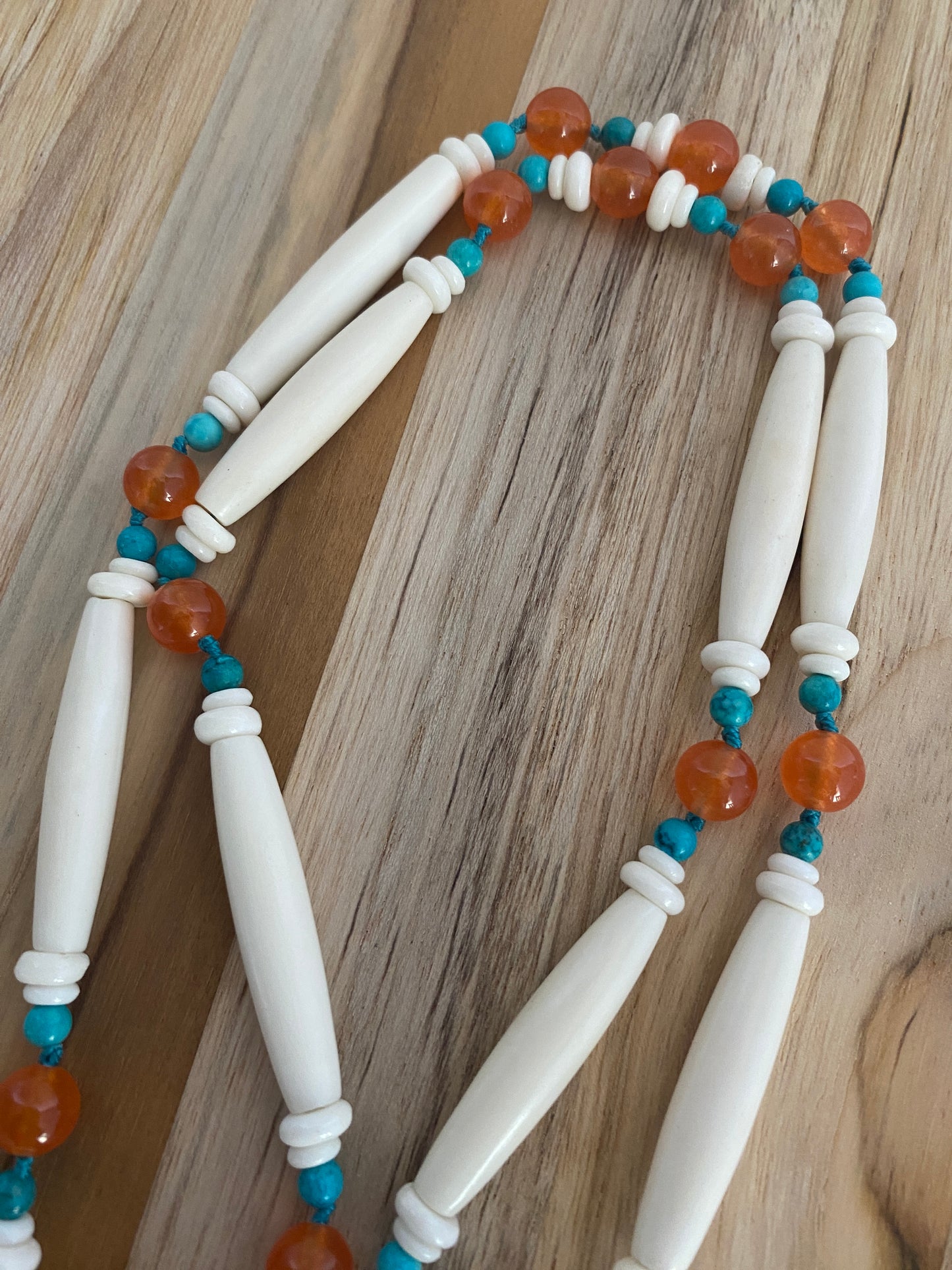 30" Long Native Inspired Pendant Necklace with Orange and Turquoise Beads