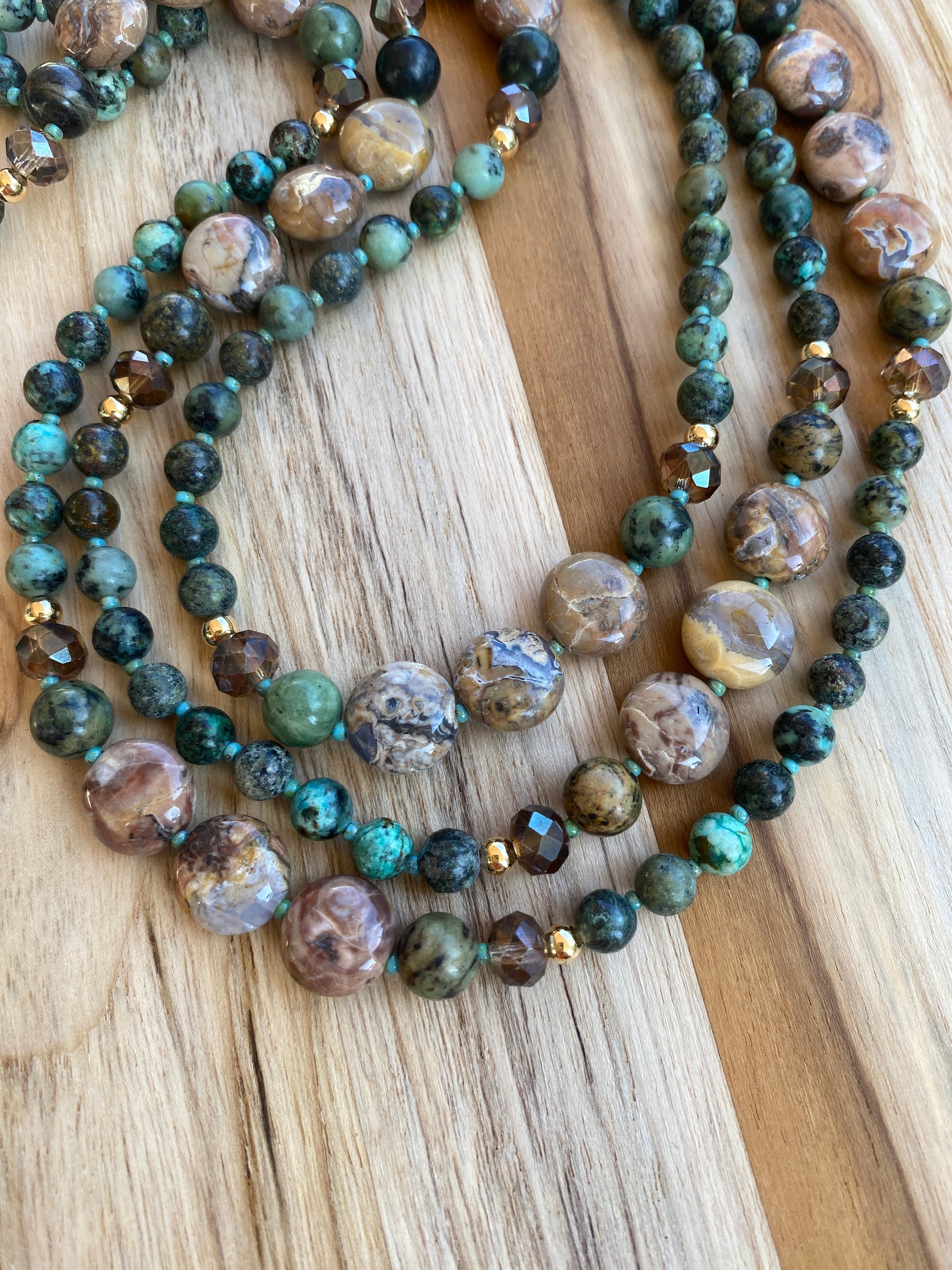 Extra Long Beaded Necklace with Crazy Lace Agate Green Jasper and African Turquoise Beads - My Urban Gems
