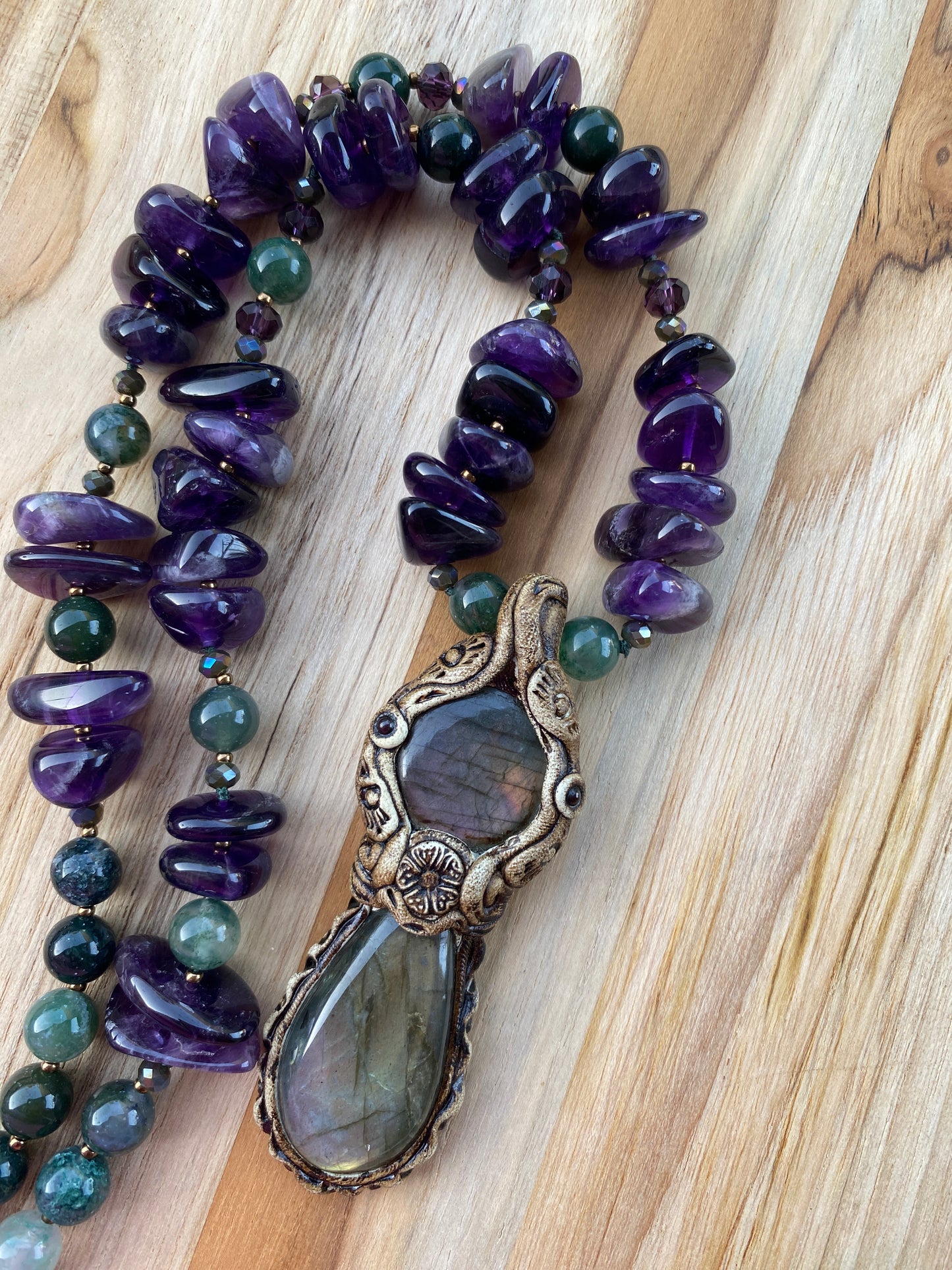 Polymer Clay Labradorite Pendant Necklace with Amethyst and Moss Agate Beads