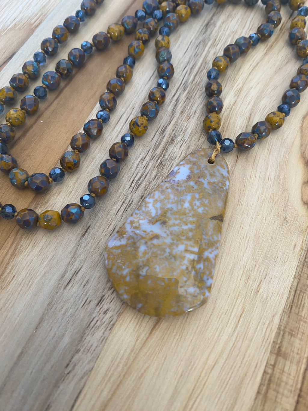 28" Long Hand Knotted Jasper Pendant Necklace with mustard/Blue Czech Glass & Crystal Beads - My Urban Gems