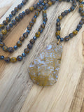 28" Long Hand Knotted Jasper Pendant Necklace with mustard/Blue Czech Glass & Crystal Beads - My Urban Gems