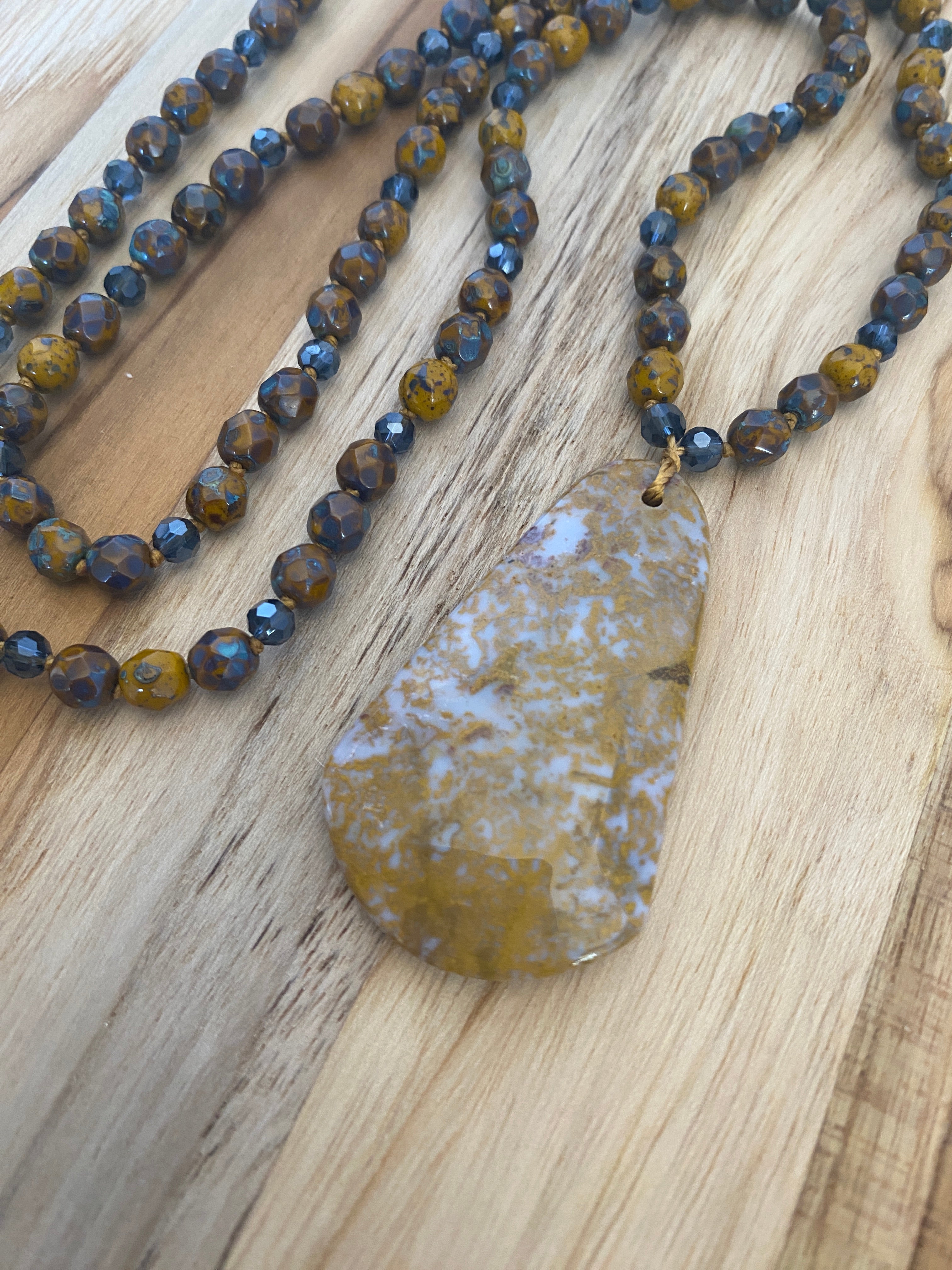 28" Long Hand Knotted Jasper Pendant Necklace with mustard/Blue Czech Glass & Crystal Beads - My Urban Gems