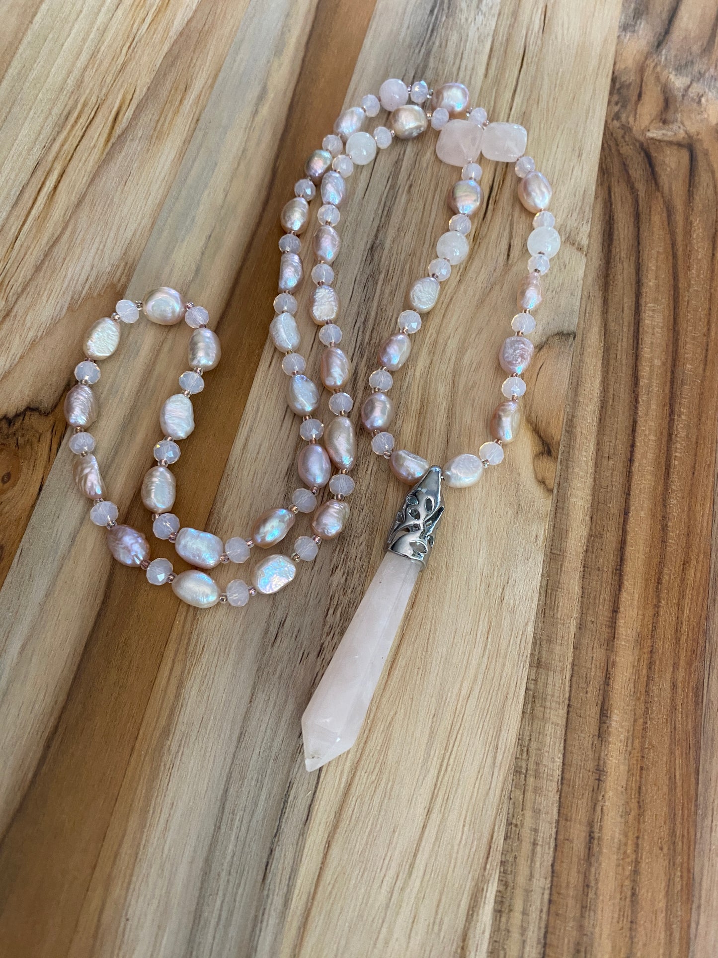 28" Long Rose Quartz Beaded Pendulum Necklace with Pearl & Crystal Beads - My Urban Gems