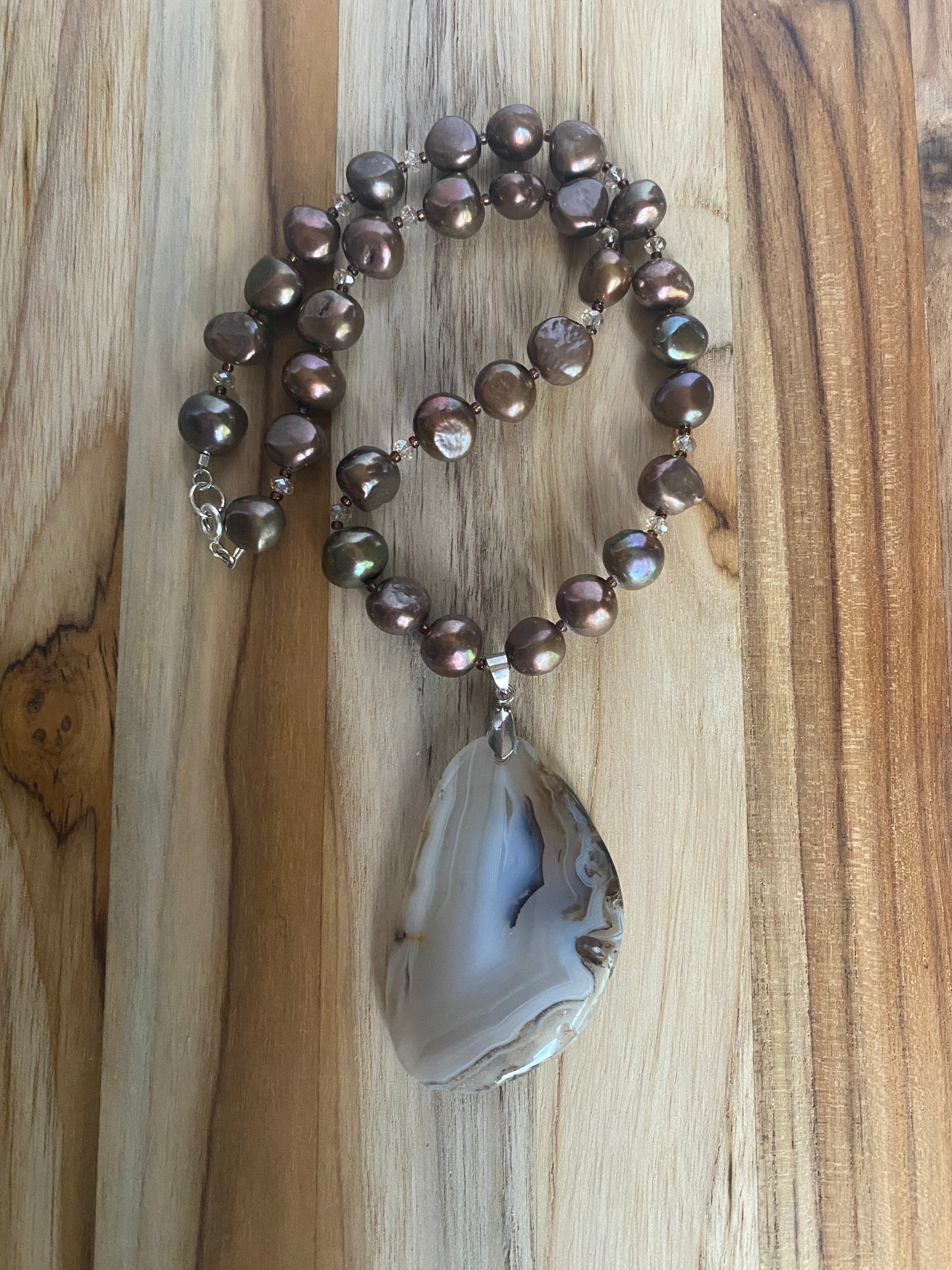 18.5" Agate Slice Pendant Necklace with Brown Freshwater Pearls