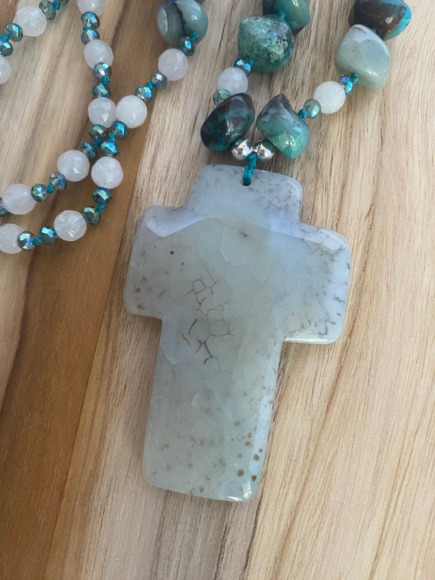 28" Long Light Grey Agate Cross Beaded Necklace with Tumbled Amazonite, Agate & Crystal Beads