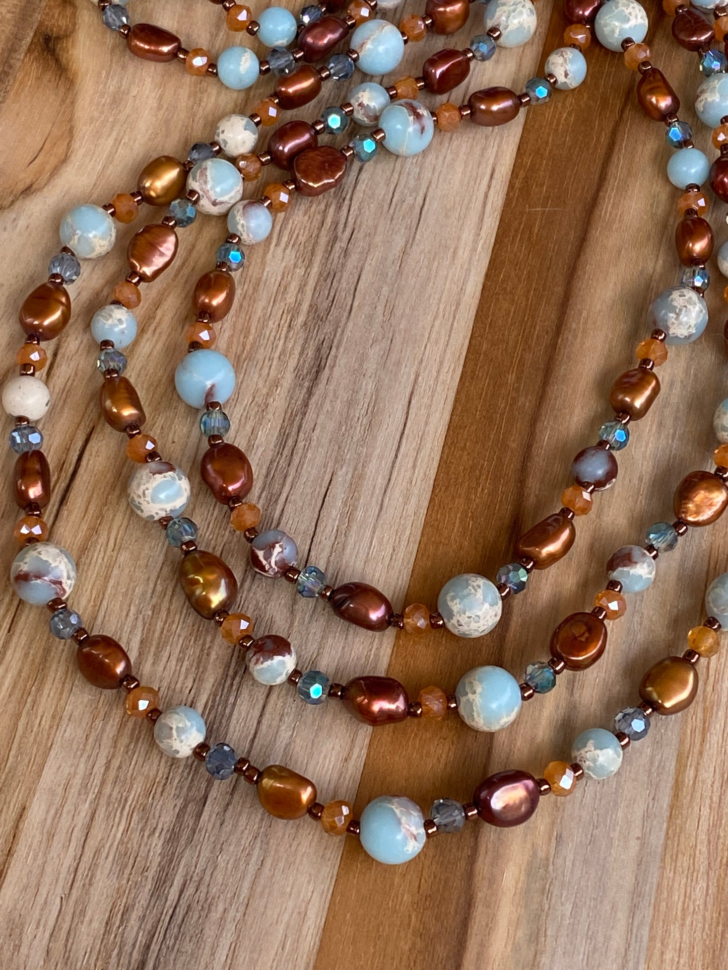 Extra Long Wraparound Necklace with Shoushan Stone Pearls and Crystal Beads