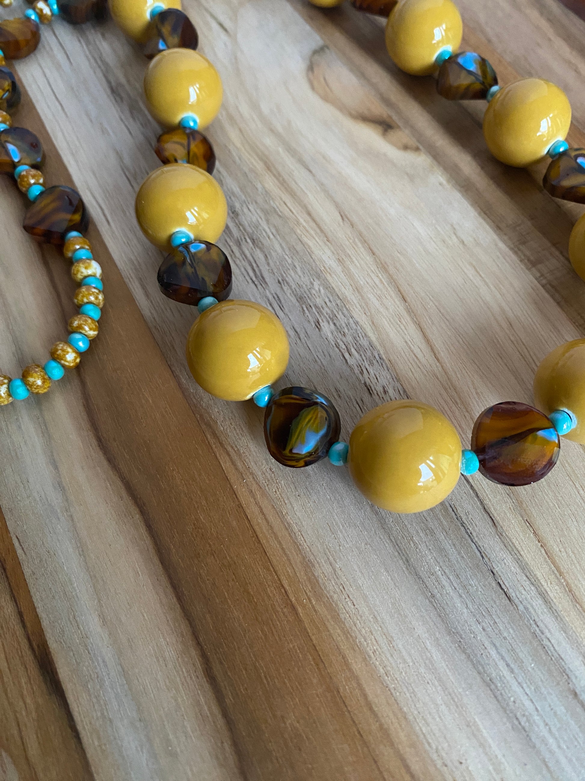28" Mustard Yellow Ceramic Beaded Necklace with Brown and Turquoise Glass and Seed Beads - My urban Gems