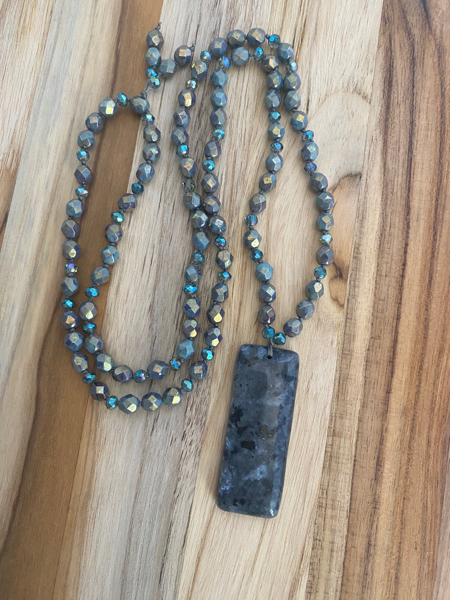 28" Long Hand Knotted Larvikite Pendant Necklace with Czech Glass Beads & Crystals