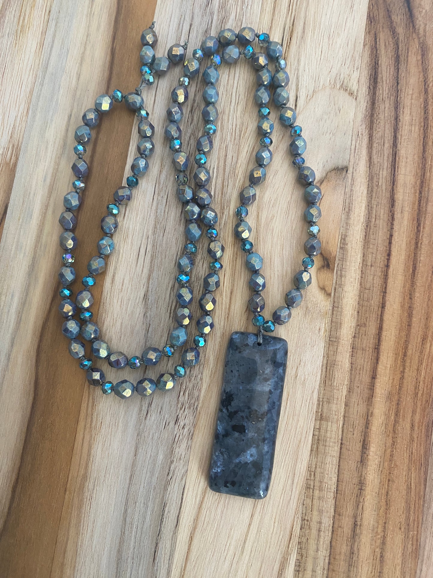 28" Long Hand Knotted Larvikite Pendant Necklace with Czech Glass Beads & Crystals - My Urban Gems