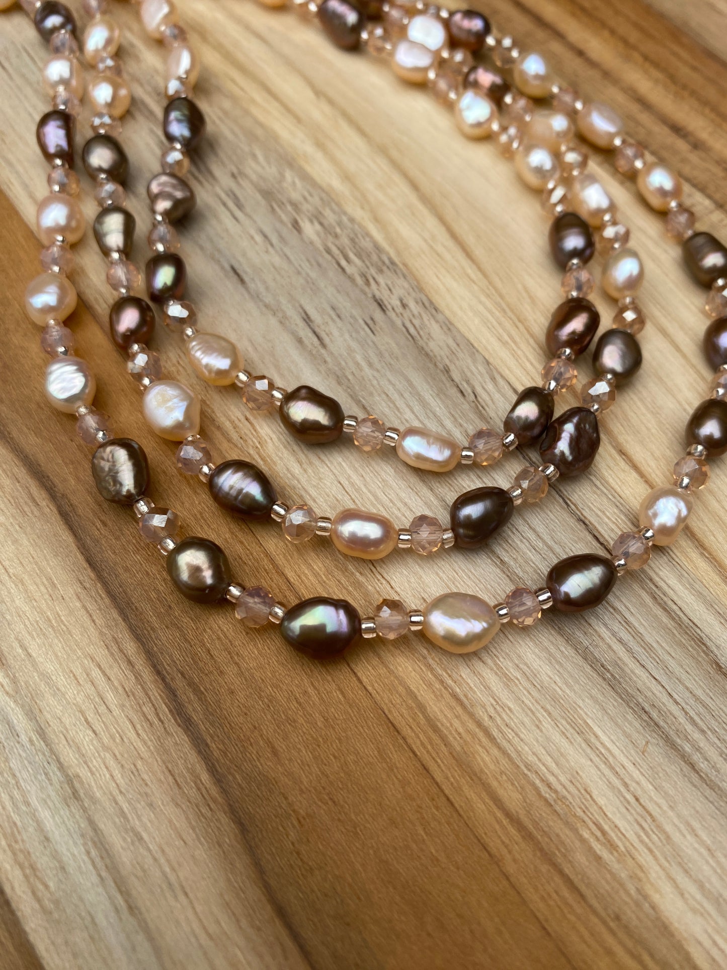 Long Dainty Brown and Cream Freshwater Pearl Beaded Necklace with Crystal Beads