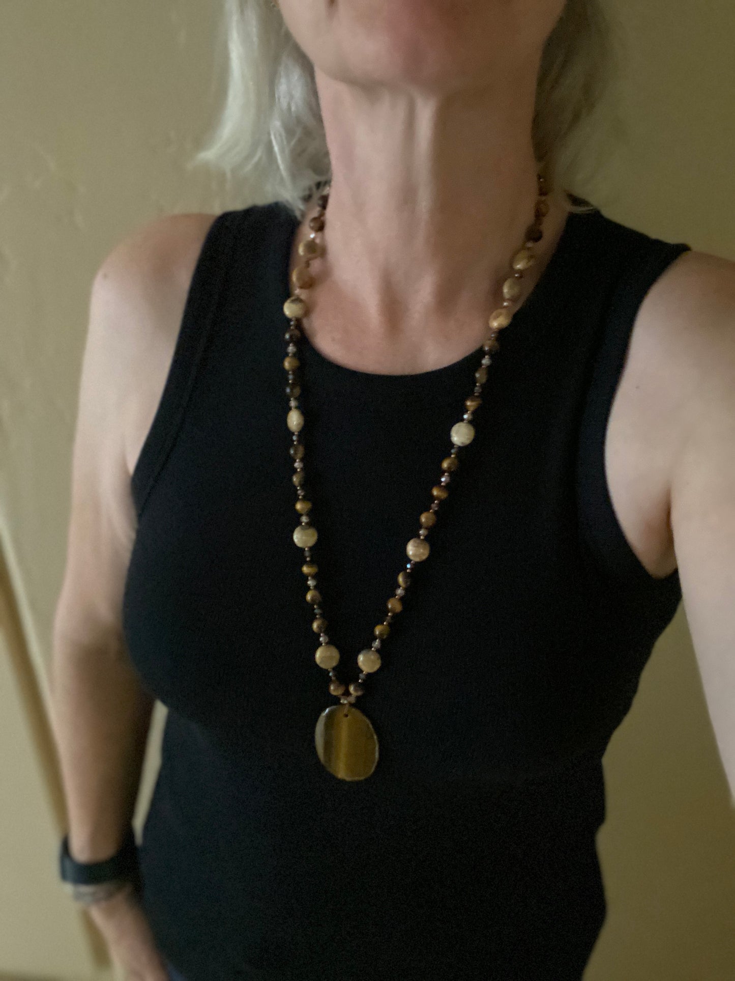 Long Tiger Eye Pendant Necklace with Agate and Crystal Beads