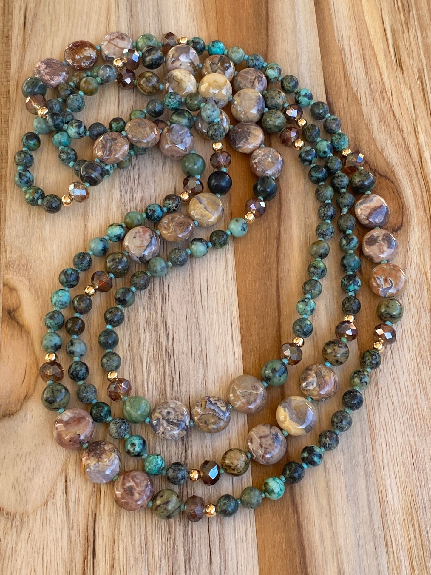 Extra Long Beaded Necklace with Crazy Lace Agate Green Jasper and African Turquoise Beads