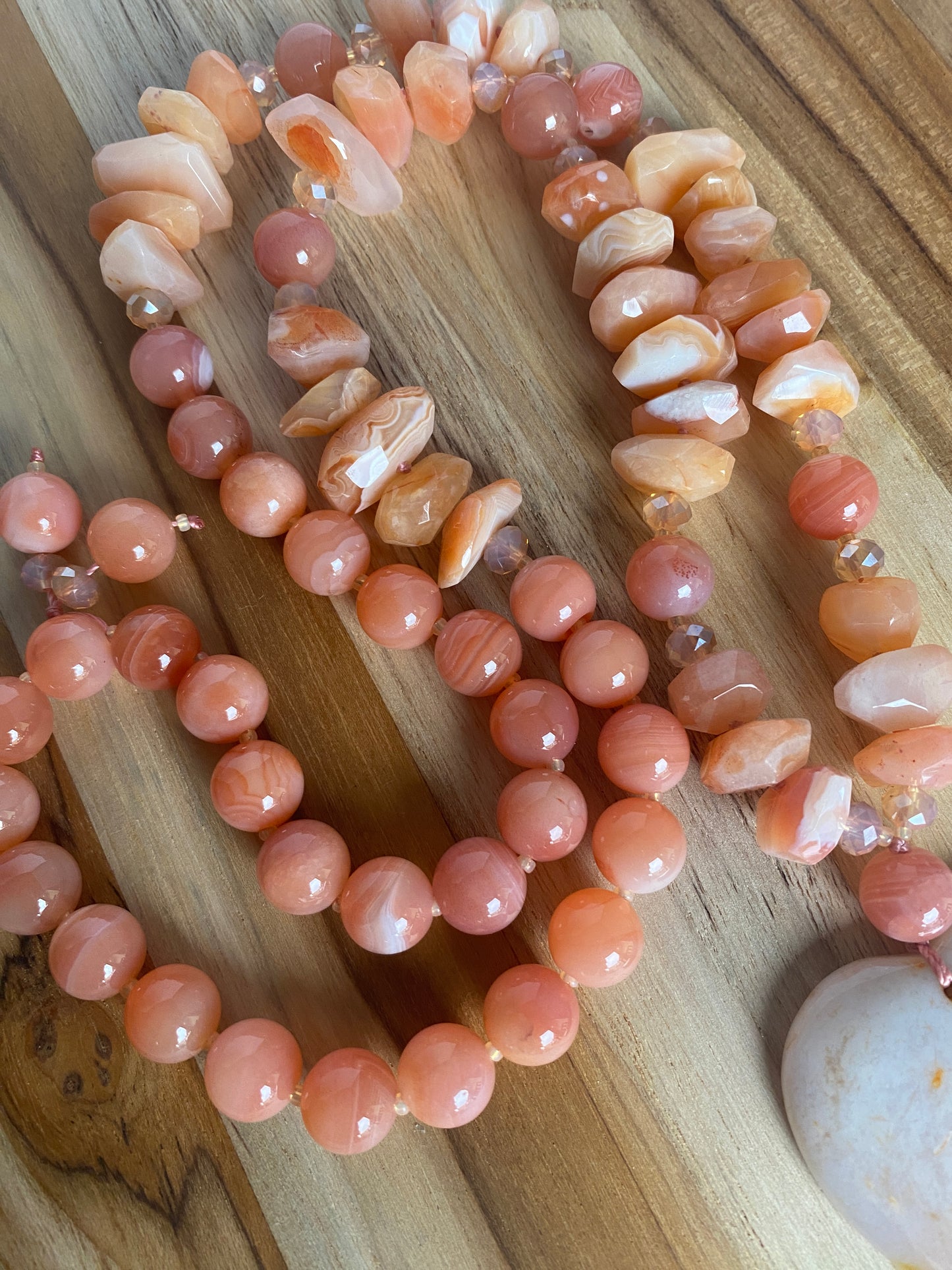 28" Long Agate Heart Pendant Necklace with Red Peach Color Agate & Crystal Beads - My Urban Gems