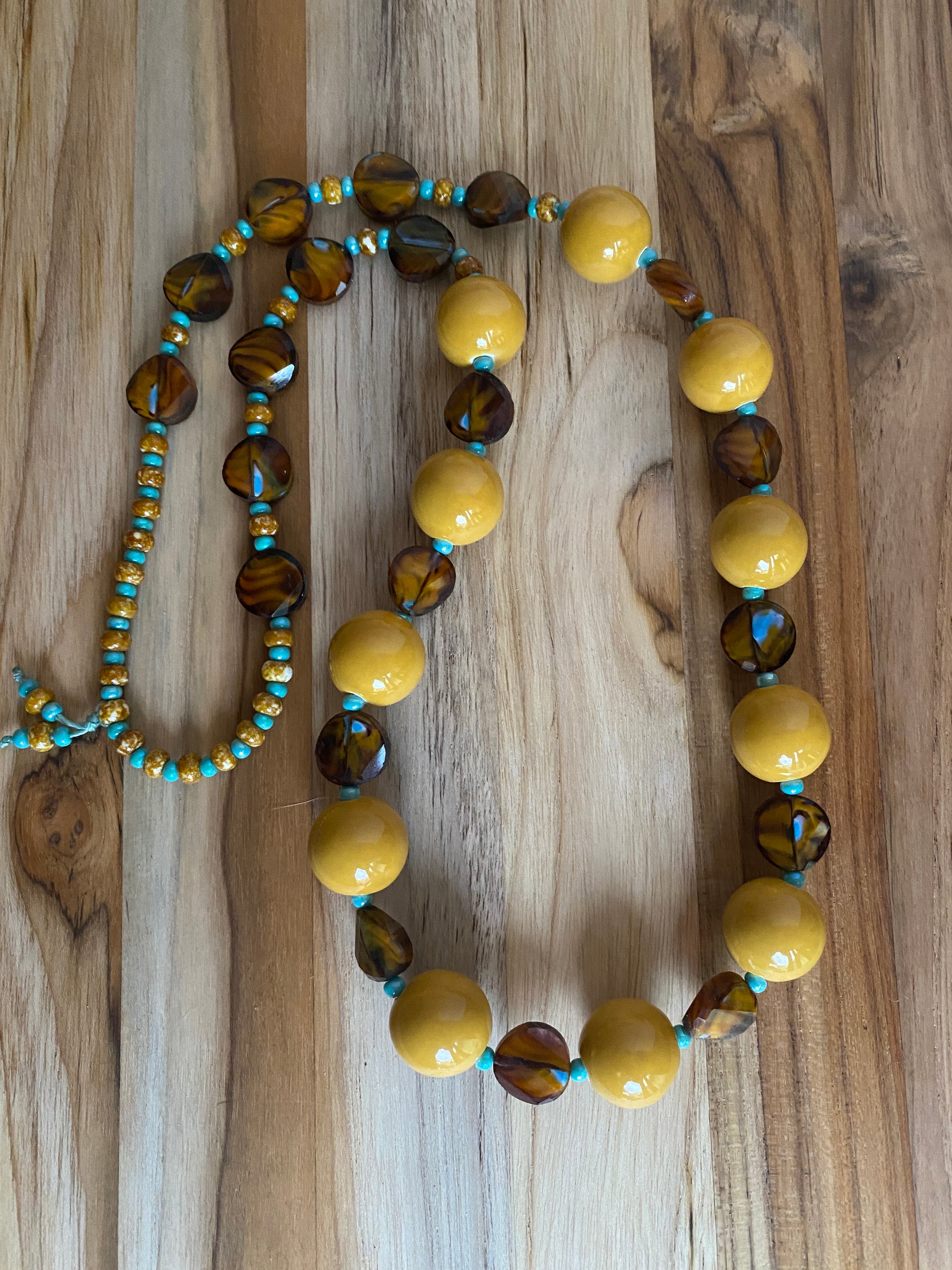 28" Mustard Yellow Ceramic Beaded Necklace with Brown and Turquoise Glass and Seed Beads - My Urban Gems