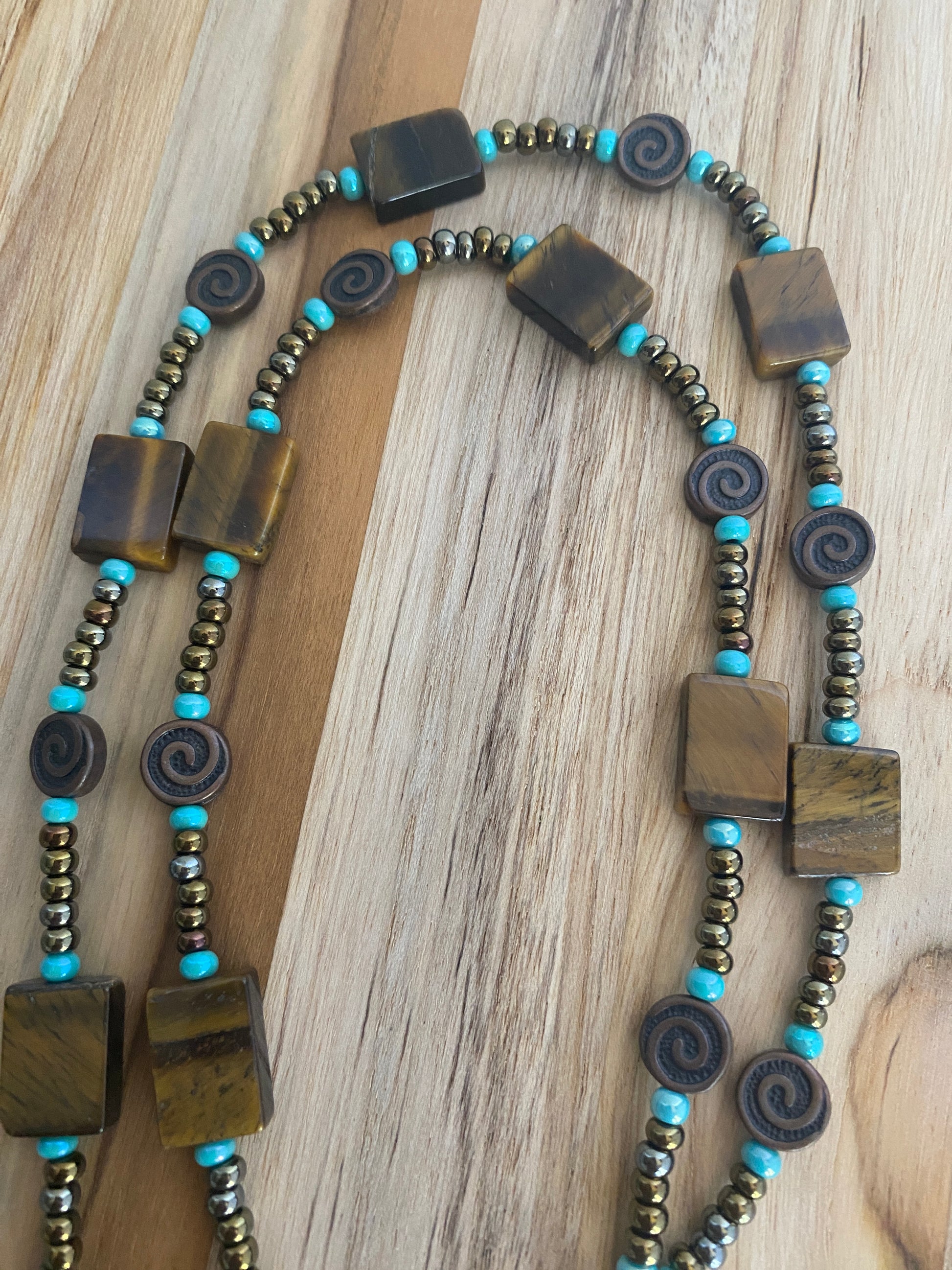 28" Long Rectangle ShapedTiger Eye Beaded Necklace with Antique Bronze Accents and Seed Beads - My Urban Gems