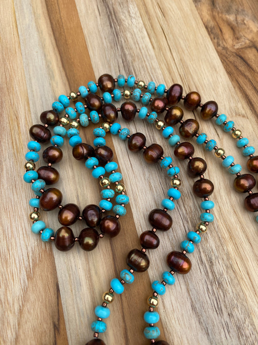 Long Natural Nevada Turquoise and Chocolate Pearl Necklace with Gold