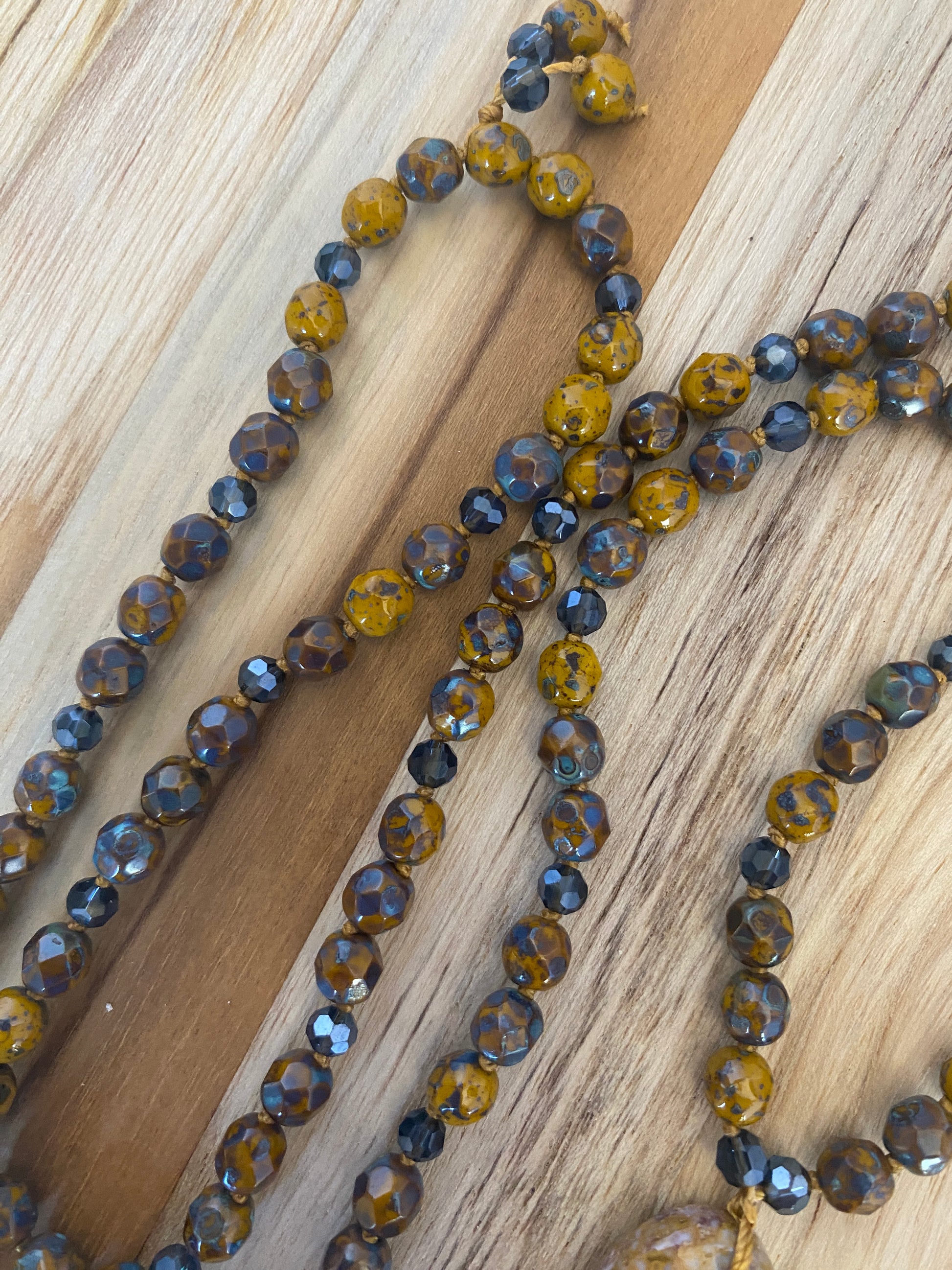 28" Long Hand Knotted Jasper Pendant Necklace with mustard/Blue Czech Glass & Crystal Beads - My Urban Gems