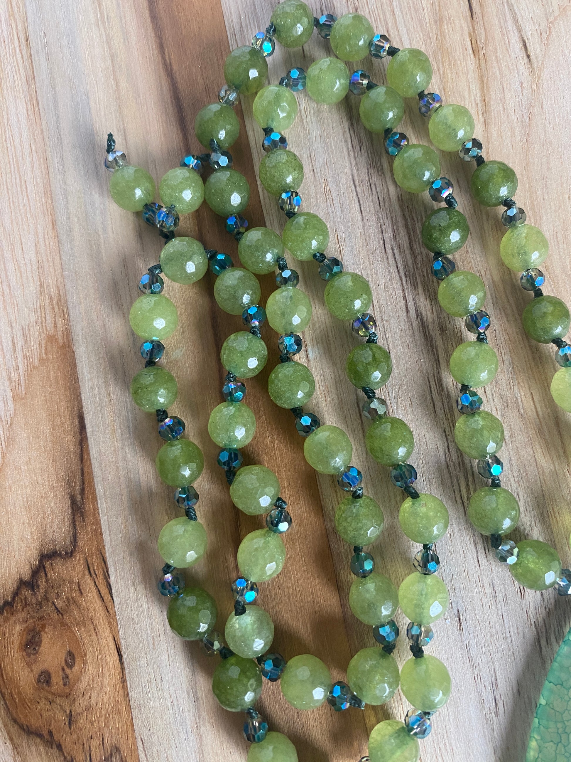 28" Long Green Dragon Vein Agate Pendant Necklace with Green Agate & Crystal Beads - My Urban Gems
