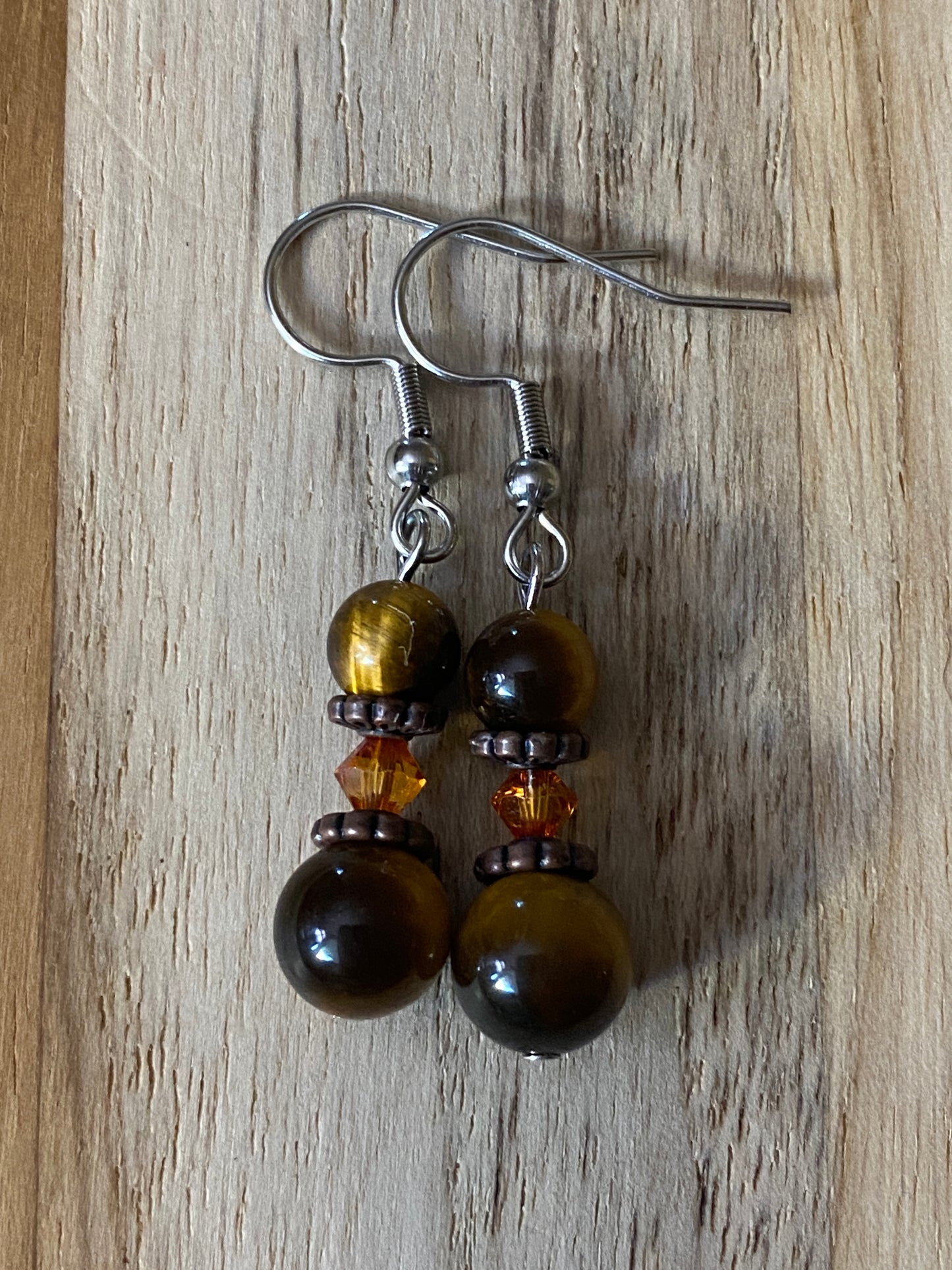 Tiger Eye and Orange Crystal Dangle Earrings with Antique Copper