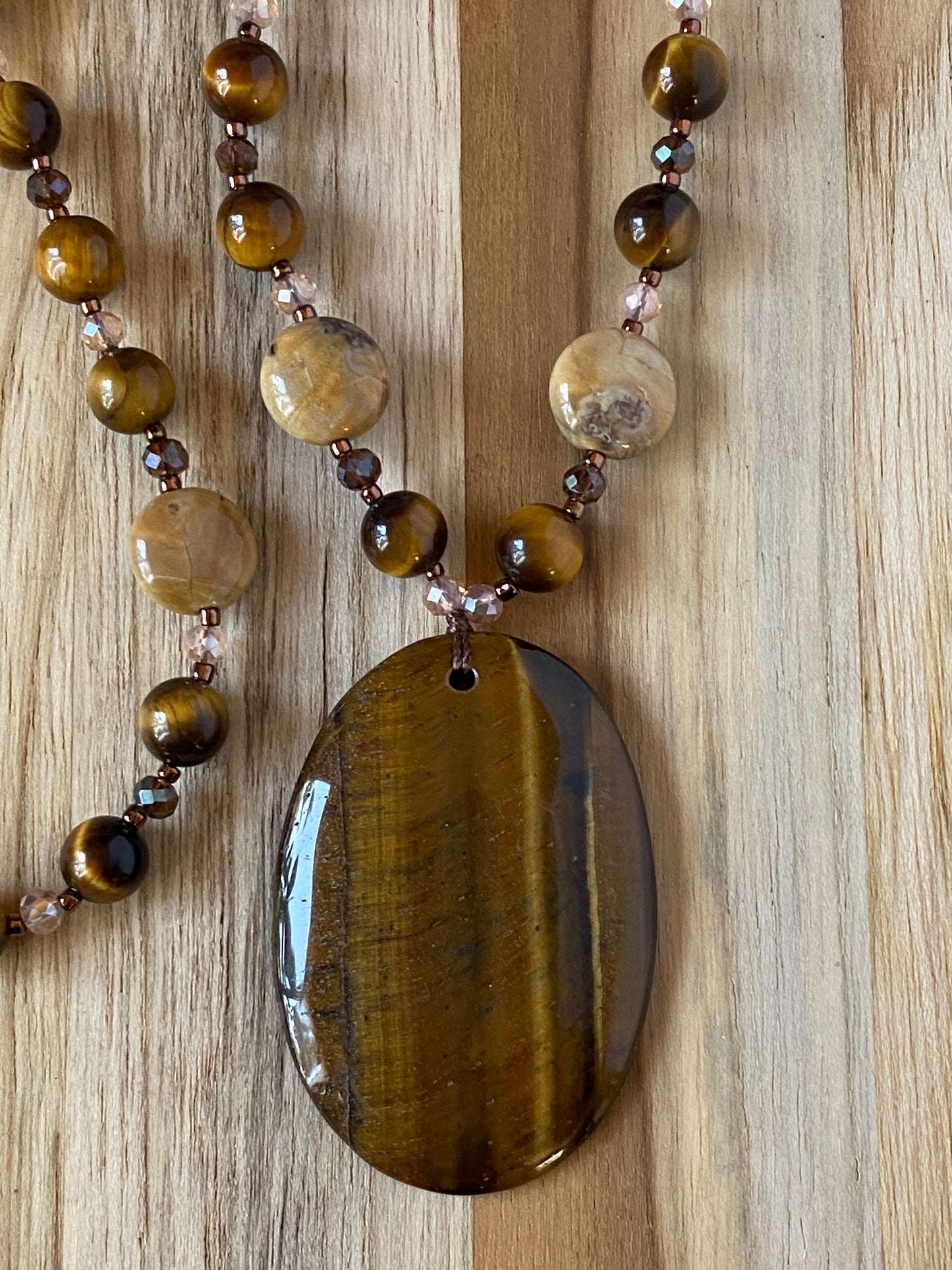 Long Tiger Eye Pendant Necklace with Agate and Crystal Beads