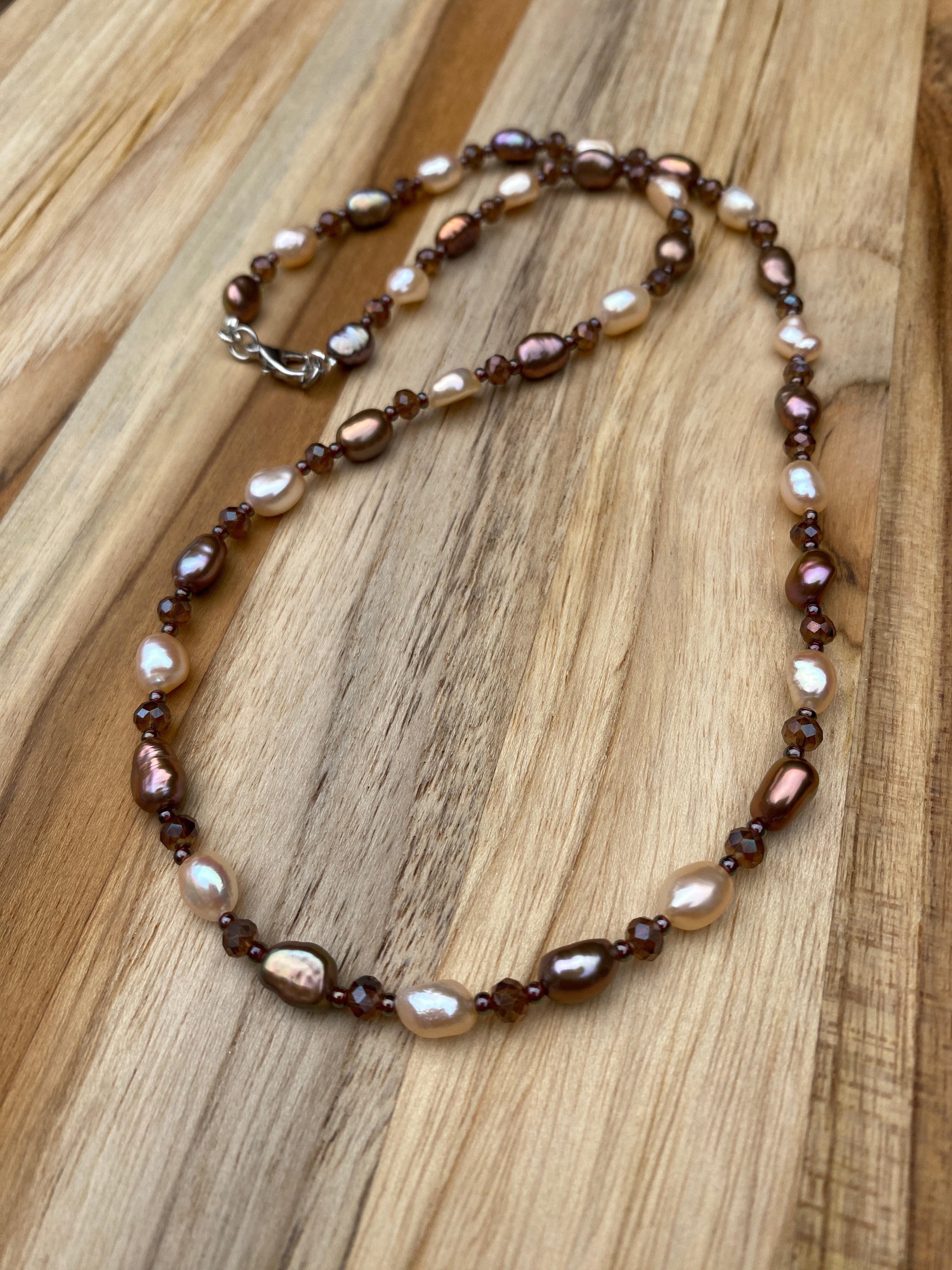 Dainty Brown and Cream Freshwater Pearl Beaded Necklace with Crystal Beads
