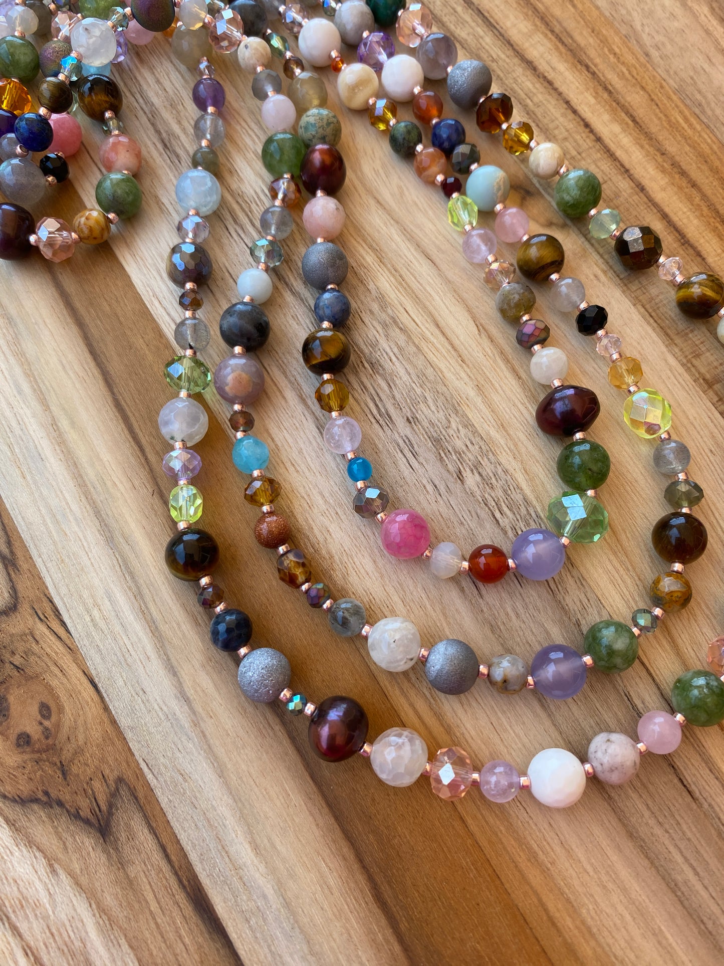 Extra Long Multi Gemstone Beaded Necklace with Crystal and Glass Beads