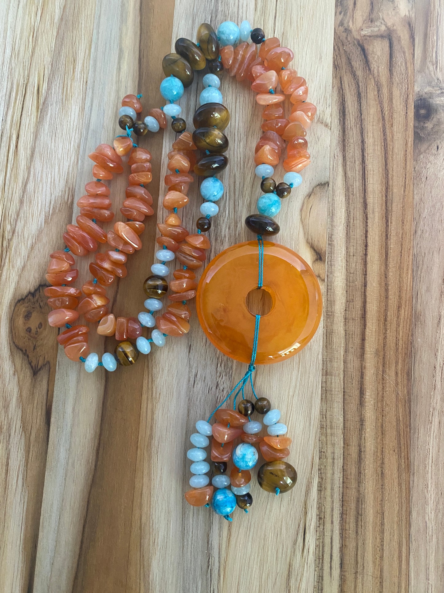 28" Long Orange Donut Beaded Necklace with Agate, Quartz & Tiger Eye Beads